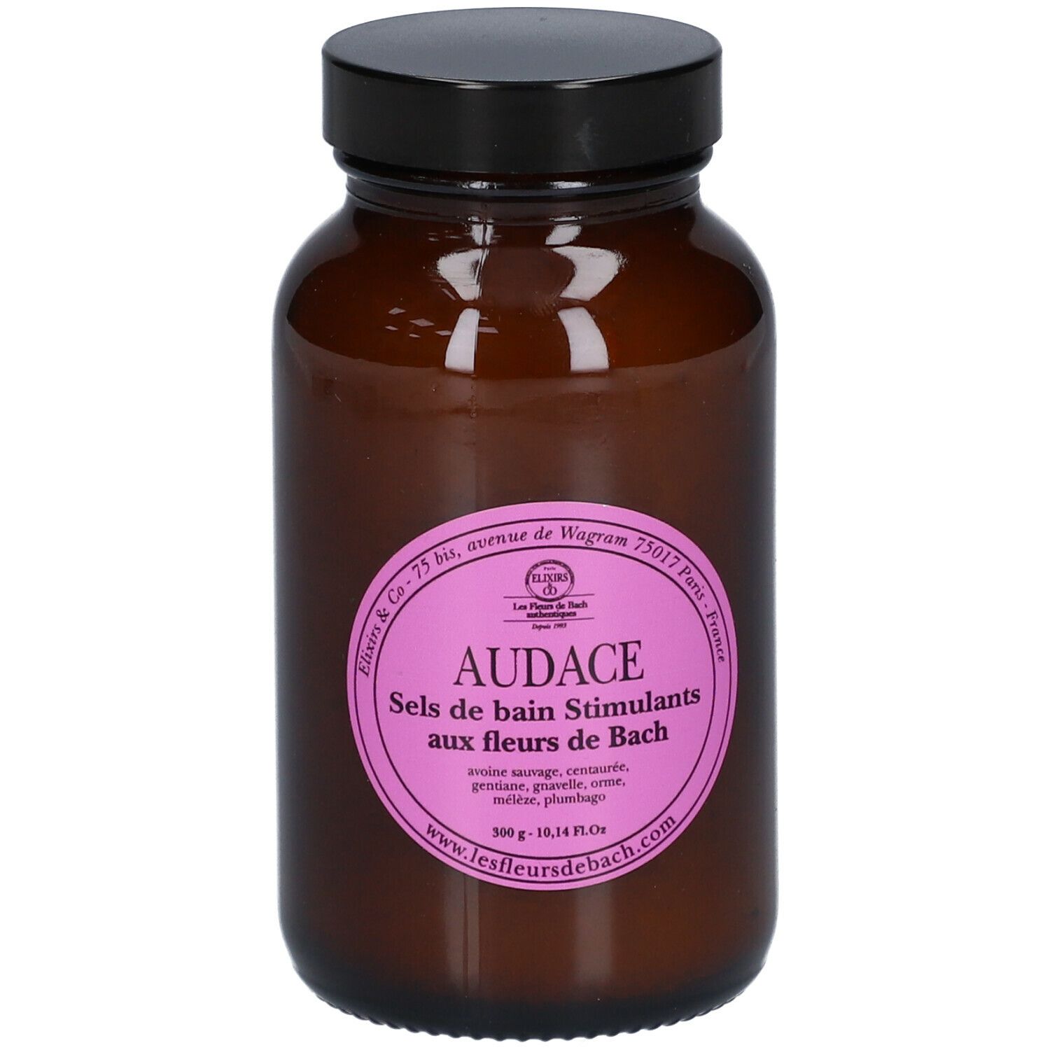 Flacon en verre brun avec couvercle noir. Étiquette rose avec texte: AUDACE Sels de bain Stimulants aux fleurs de Bach.