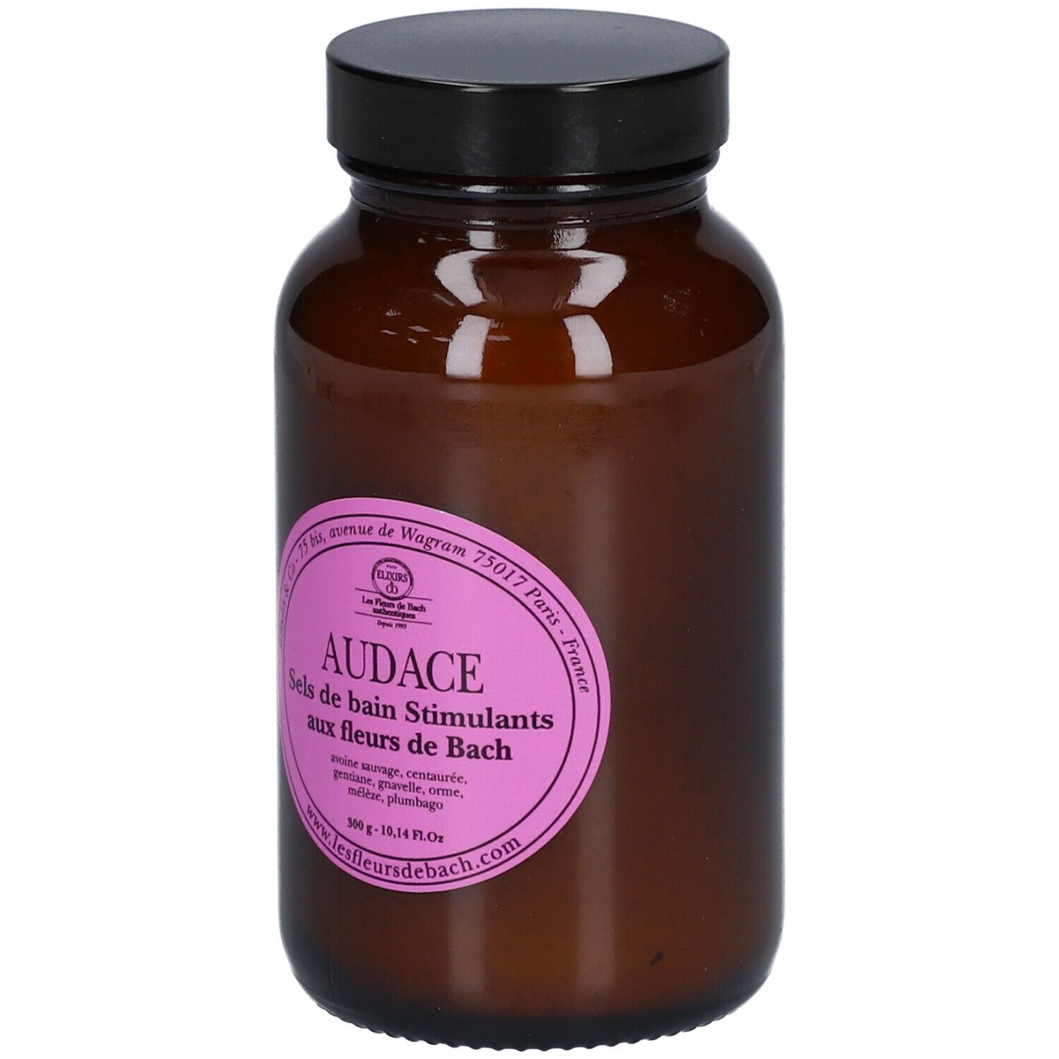 Flacon en verre brun avec couvercle noir. Étiquette rose avec texte: AUDACE Sels de bain Stimulants aux fleurs de Bach.
