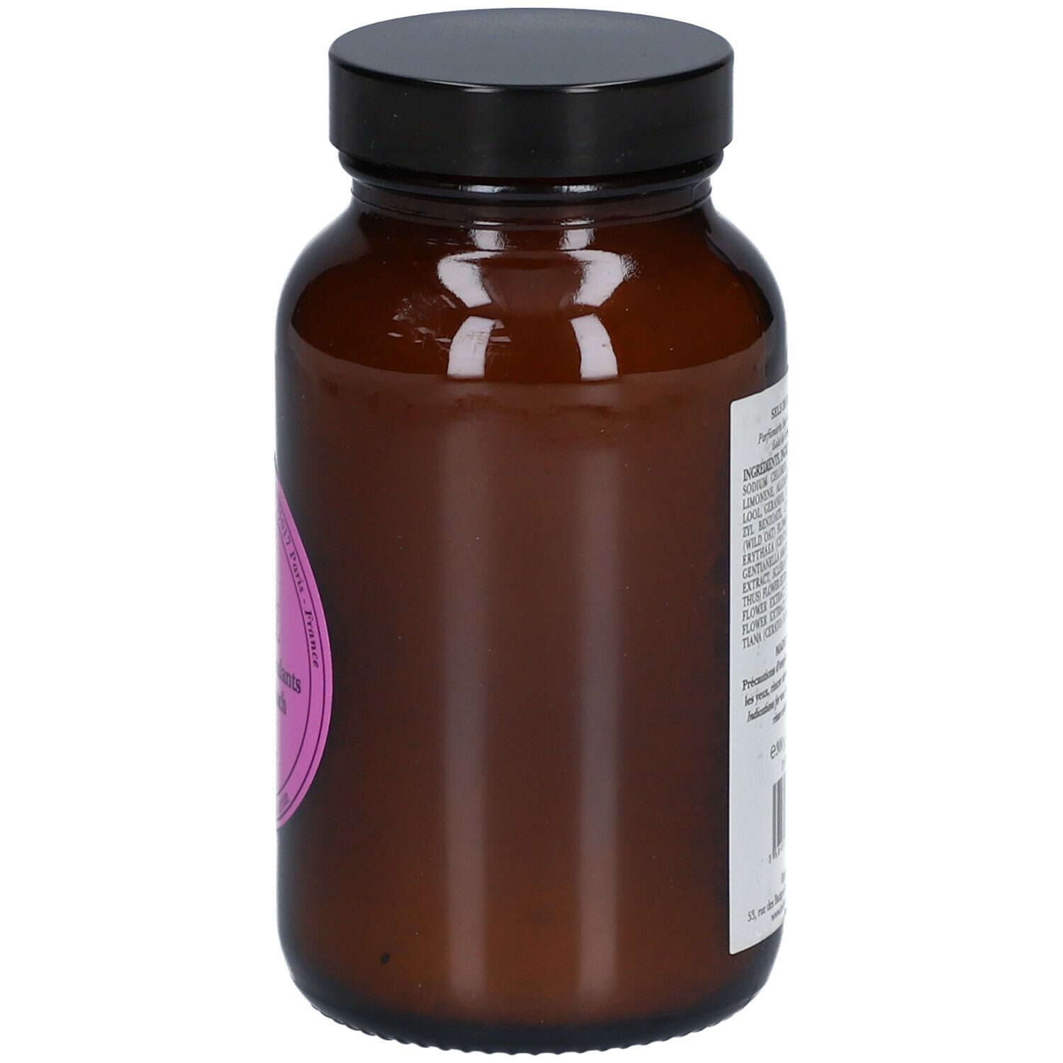 Flacon en verre brun avec couvercle noir. Étiquette du produit sur le côté.