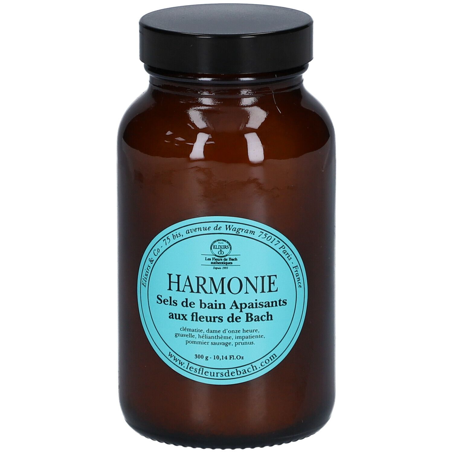 Bruine glazen fles met zwarte dop. Blauw etiket met tekst: Harmonie, Sels de bain Apaisants aux fleurs de Bach.