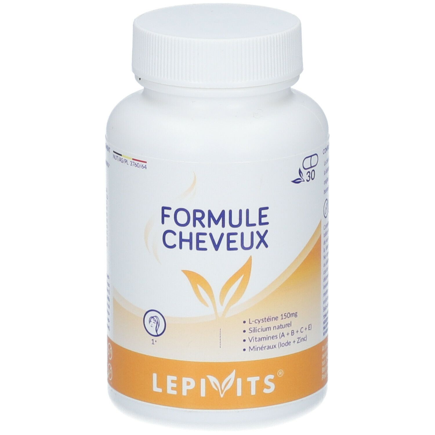 Witte fles met dop. Opschrift: Formule Cheveux, LepiVits. Bevat L-cysteïne, silicium, vitaminen en mineralen. 30 capsules.