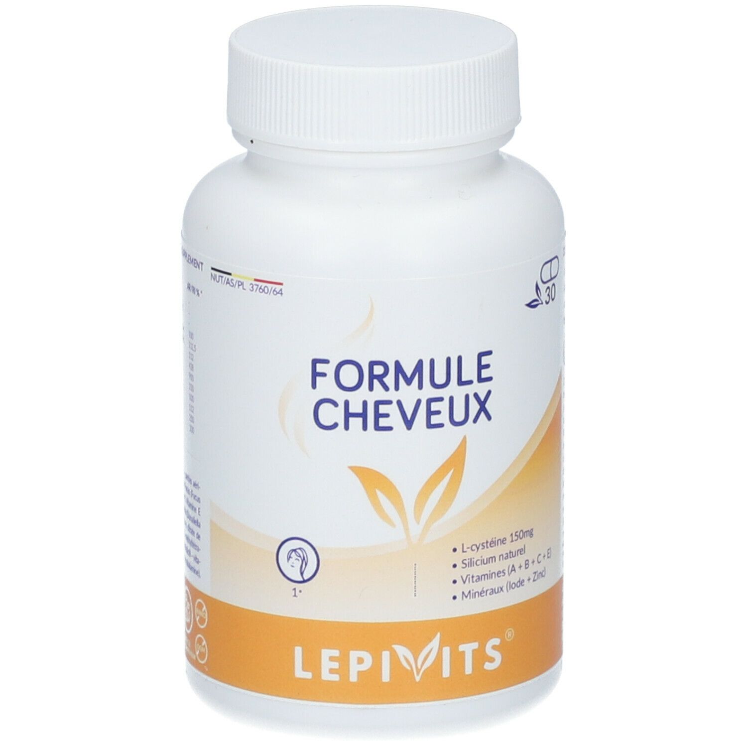 Witte fles met dop. Opschrift: Formule Cheveux, LepiVits. Bevat L-cysteïne, silicium, vitaminen en mineralen. 30 capsules.