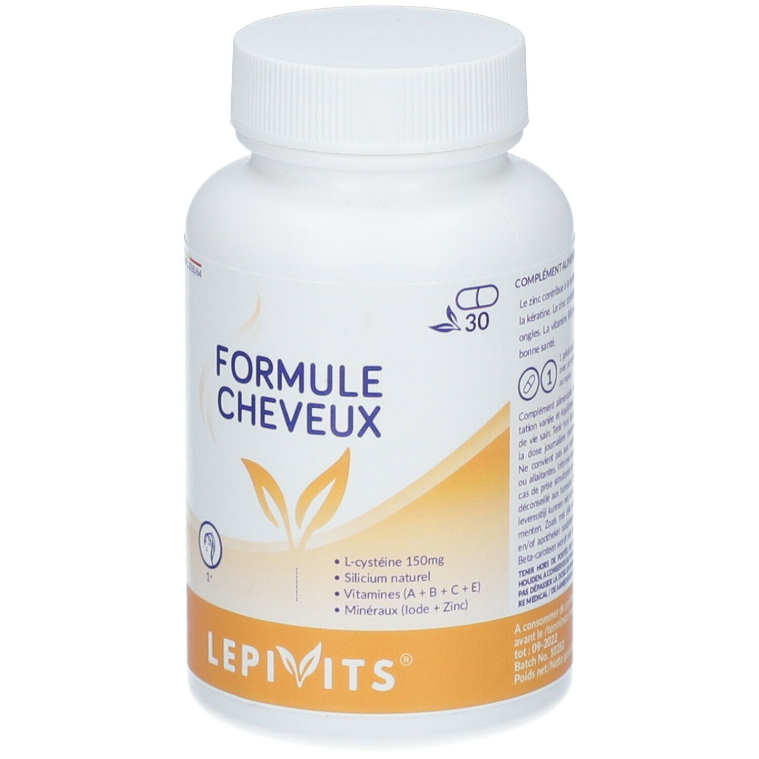 Witte fles met dop. Opschrift: Formule Cheveux, LepiVits. Bevat L-cysteïne, silicium, vitaminen en mineralen. 30 capsules.