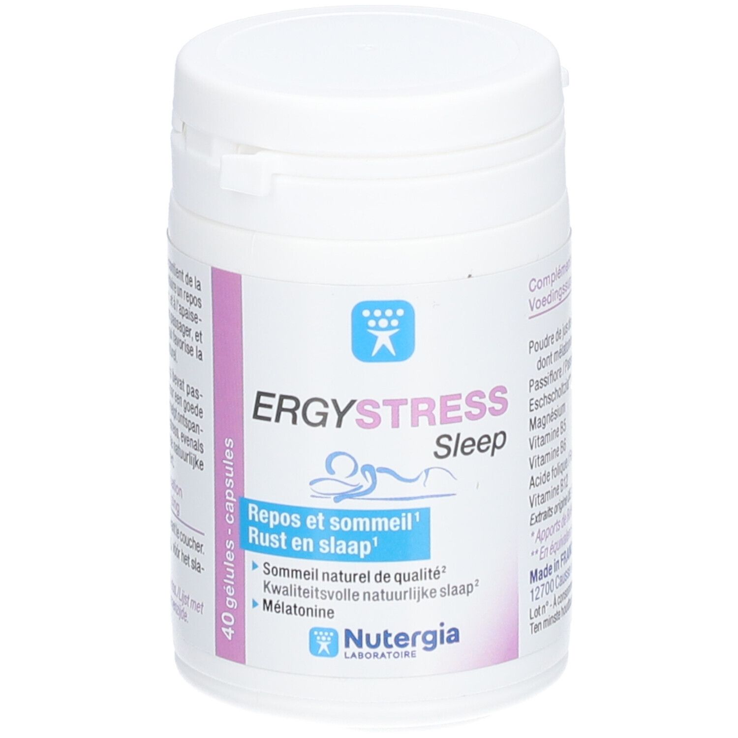 Flacon blanc ERGYSTRESS Sleep, 40 gélules. Logo bleu. Inscription: Repos et sommeil, Mélatonine, NUTERGIA.