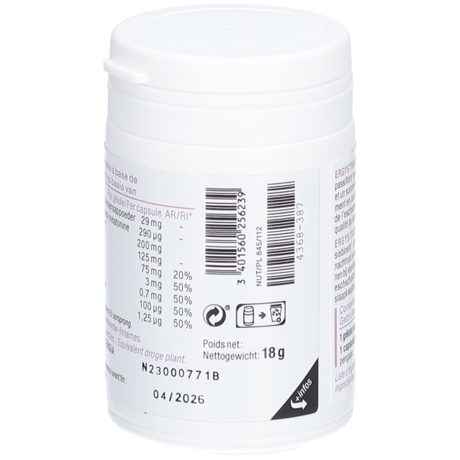 Dos du flacon blanc. Informations nutritionnelles par gélule. Poids net: 18g. Date de péremption: 04/2026.