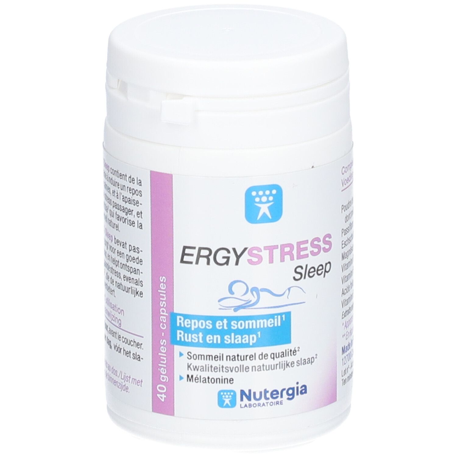 Flacon blanc ERGYSTRESS Sleep, 40 gélules. Logo bleu. Inscription: Repos et sommeil, Mélatonine, NUTERGIA.