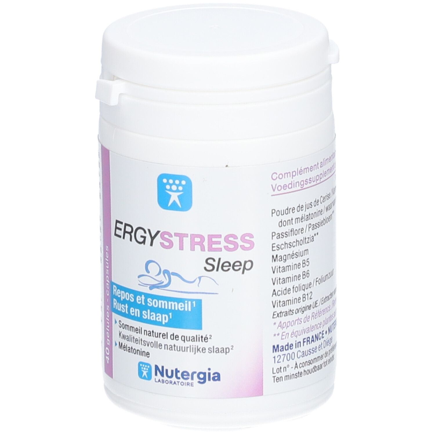 Flacon blanc ERGYSTRESS Sleep, 40 gélules. Logo bleu. Inscription: Repos et sommeil, Mélatonine, NUTERGIA.