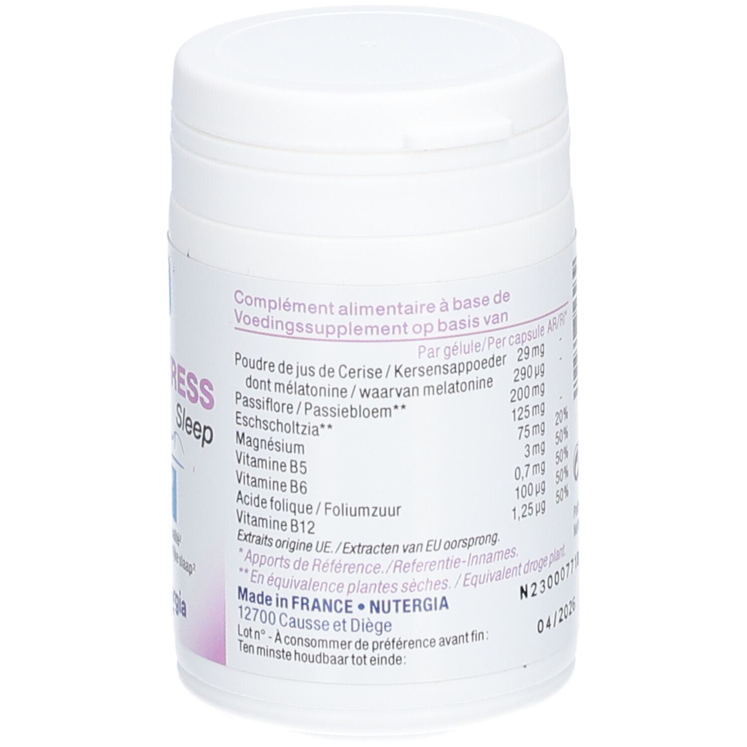 Dos du flacon blanc. Informations nutritionnelles par gélule. Poids net: 18g. Date de péremption: 04/2026.