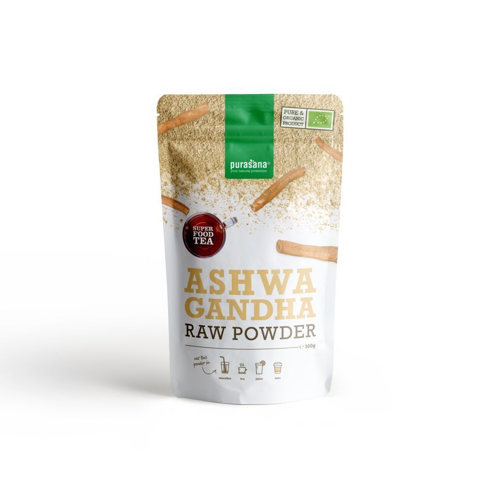 Sachet de poudre d'Ashwagandha. Inscription: Super Food Tea, Ashwagandha Raw Powder. Label bio.