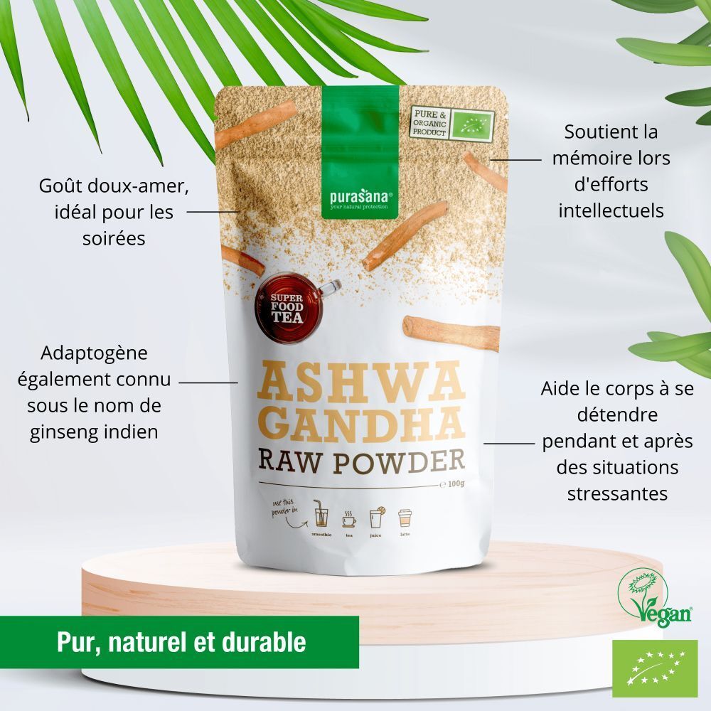Sachet de poudre d'Ashwagandha. Texte, avantages, label bio, vegan.