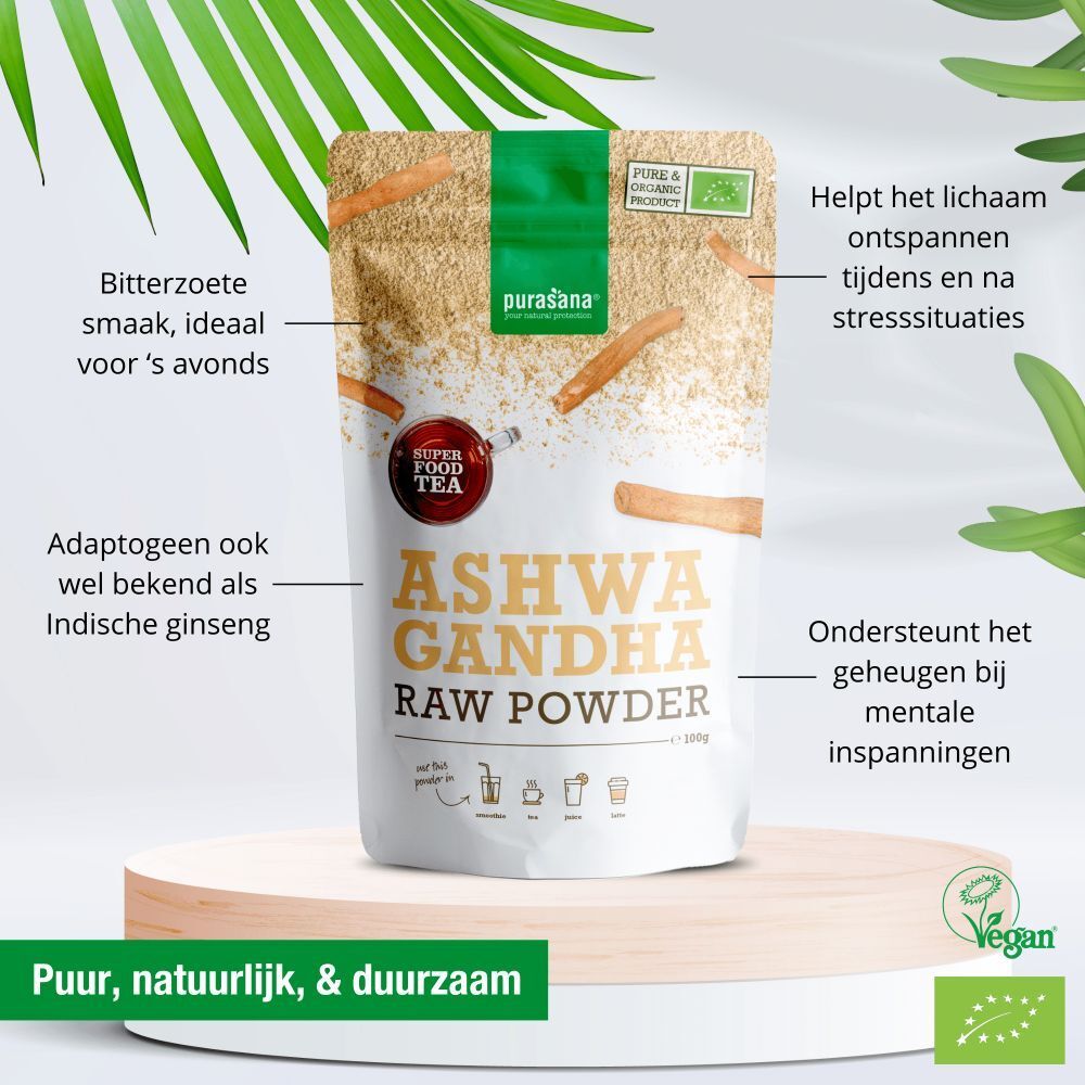 Zakje Ashwagandha poeder. Tekst, voordelen, bio-label, vegan.