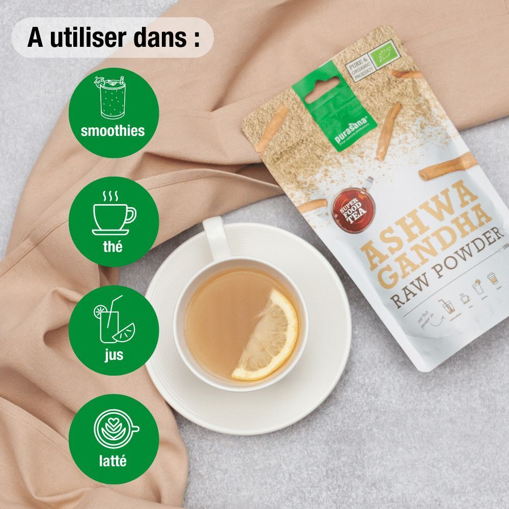 Utilisation de la poudre d'Ashwagandha dans les boissons. Smoothie, thé, jus, latté.
