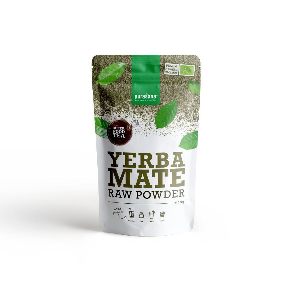 Sachet de Purasana Yerba Maté Bio-Pulver. Inscription : Yerba Maté Raw Powder, Super Food Tea, label bio. Emballage vert et blanc.