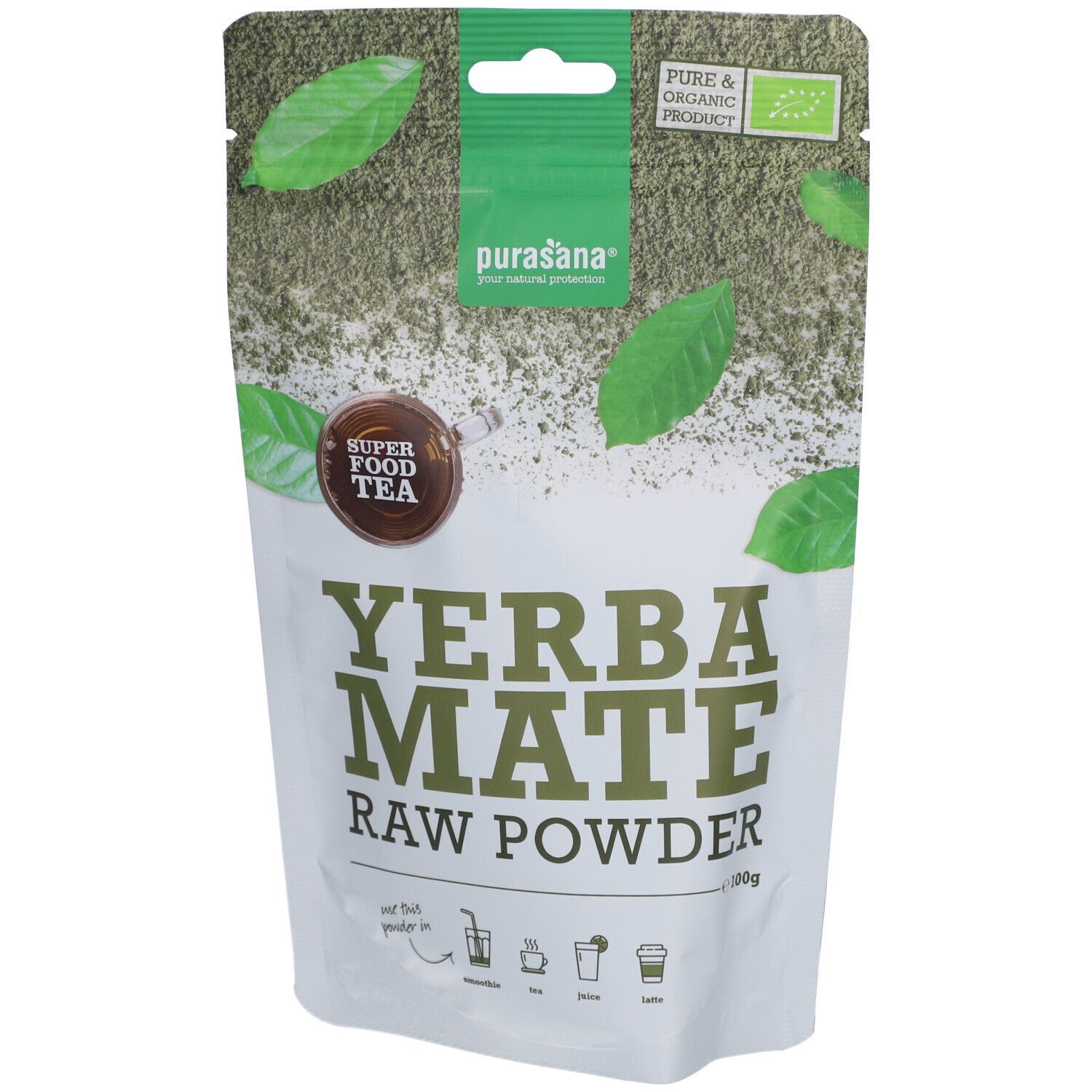 Purasana Yerba Maté Bio-Pulver in Beutel. Aufdruck: Yerba Maté Raw Powder, Super Food Tea, Bio-Siegel. Grün-weiße Verpackung.
