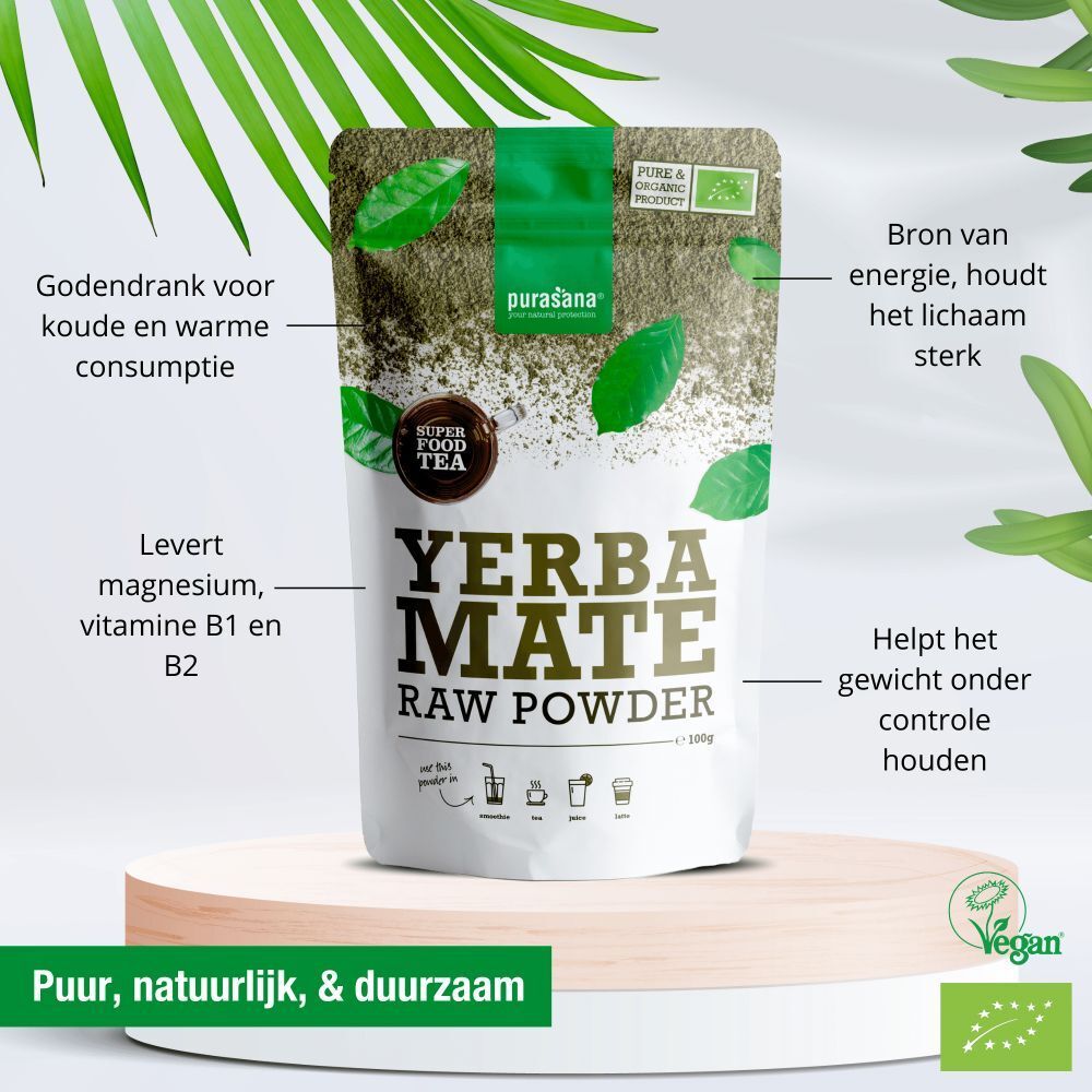 Purasana Yerba Maté Bio-Pulver, groene bladeren, tekst. Opschrift: Yerba Maté Raw Powder, Super Food Tea, bio-label. Groen-witte verpakking.