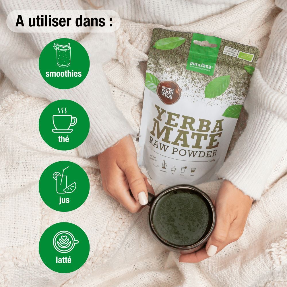 Purasana Yerba Maté Bio-Pulver, feuilles vertes, texte. Inscription : Yerba Maté Raw Powder, Super Food Tea, label bio. Emballage vert et blanc.