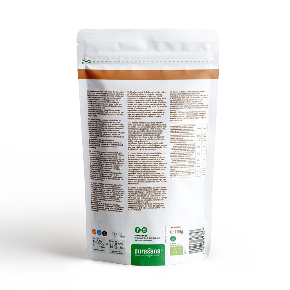 Rückseite des Rooibos-Pulver-Beutels. Text in mehreren Sprachen. Angaben zu Inhaltsstoffen und Nährwerten. Grünes Logo 'purasana'. Bio-Siegel.