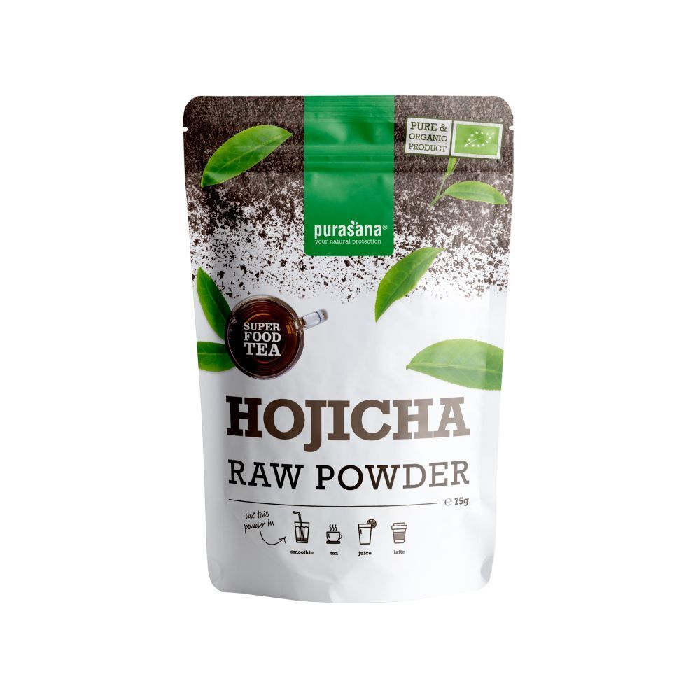 Verpakking met Hojicha-poeder. Opschrift: Hojicha Raw Powder. Logo: purasana®.