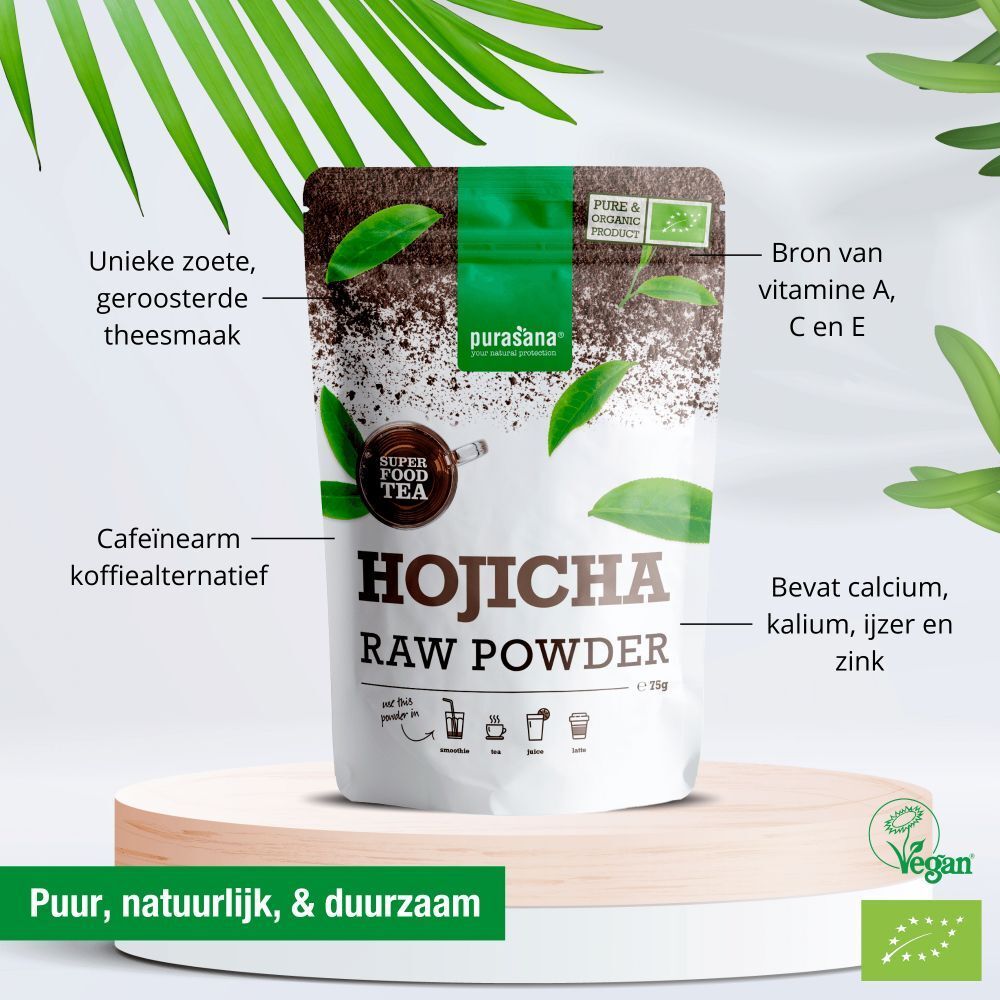 Productverpakking met tekst en illustraties. Logo: purasana®. Tekst: Hojicha Raw Powder.