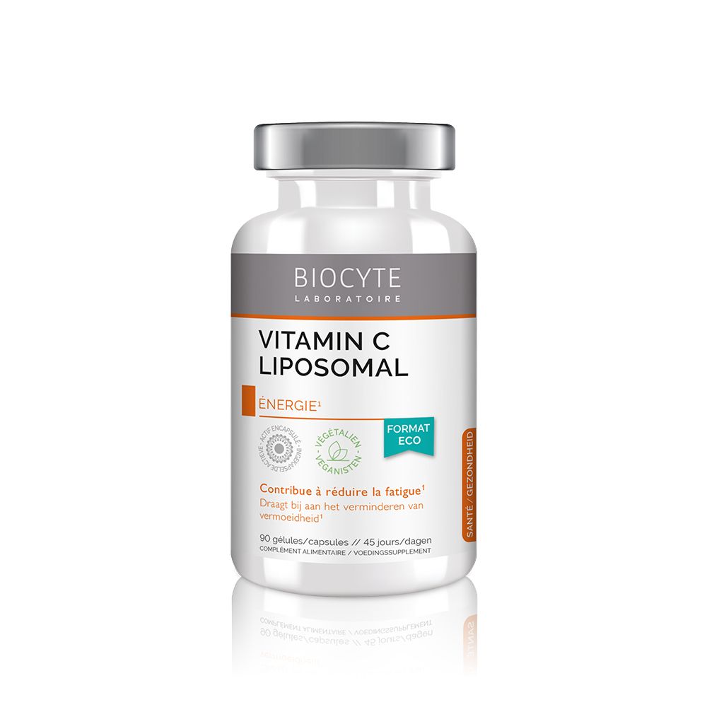Flacon blanc BIOCYTE Vitamin C Liposomal. Inscription: Energie. 90 gélules. Végétarien. Bouchon argenté.
