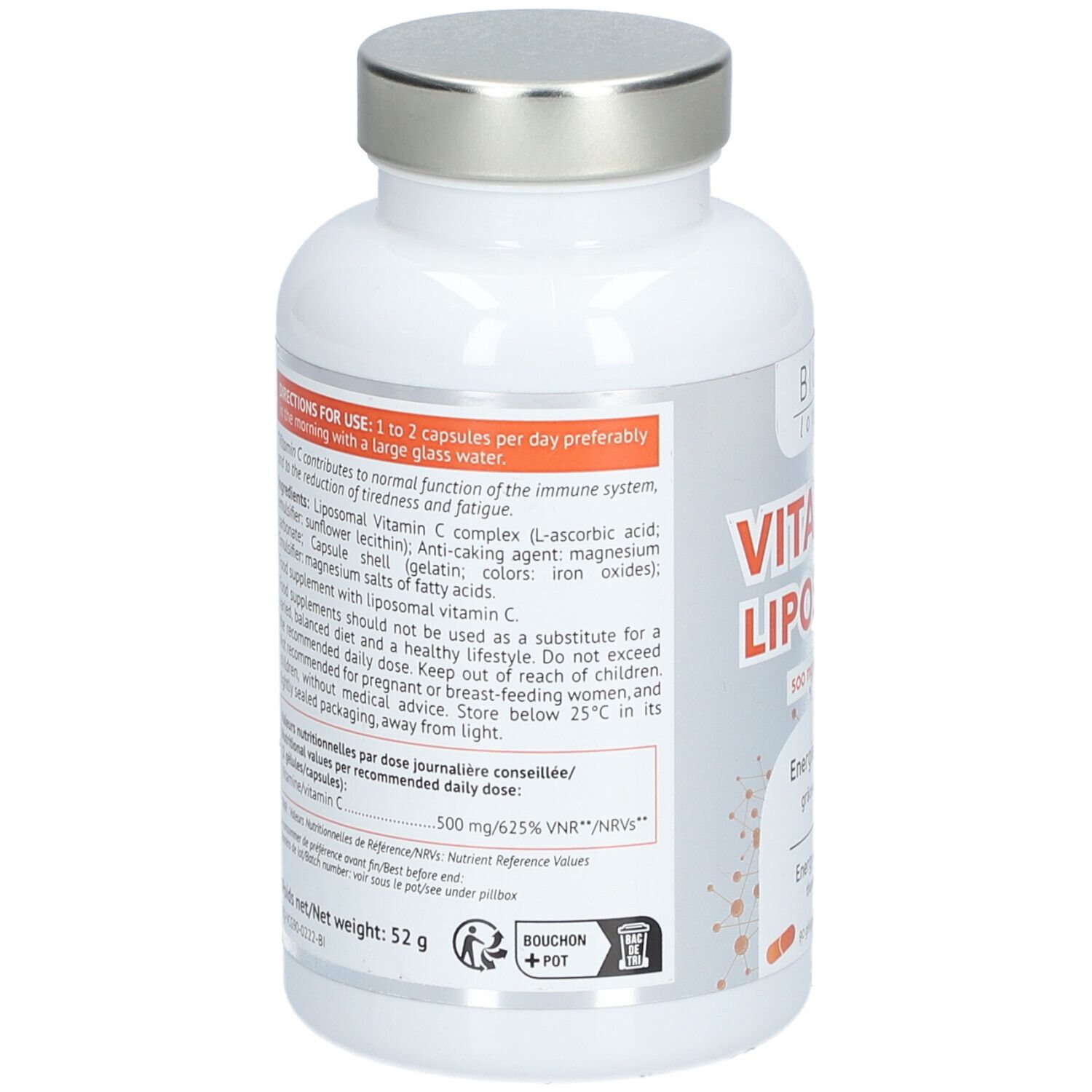Dos du flacon blanc BIOCYTE Vitamin C Liposomal. Texte sur ingrédients et utilisation. Bouchon argenté.