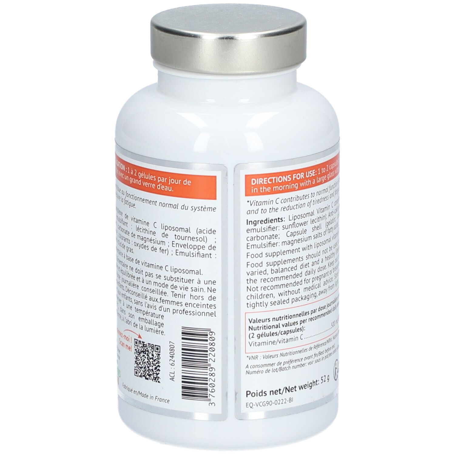 Dos du flacon blanc BIOCYTE Vitamin C Liposomal. Texte sur ingrédients et utilisation. Bouchon argenté.