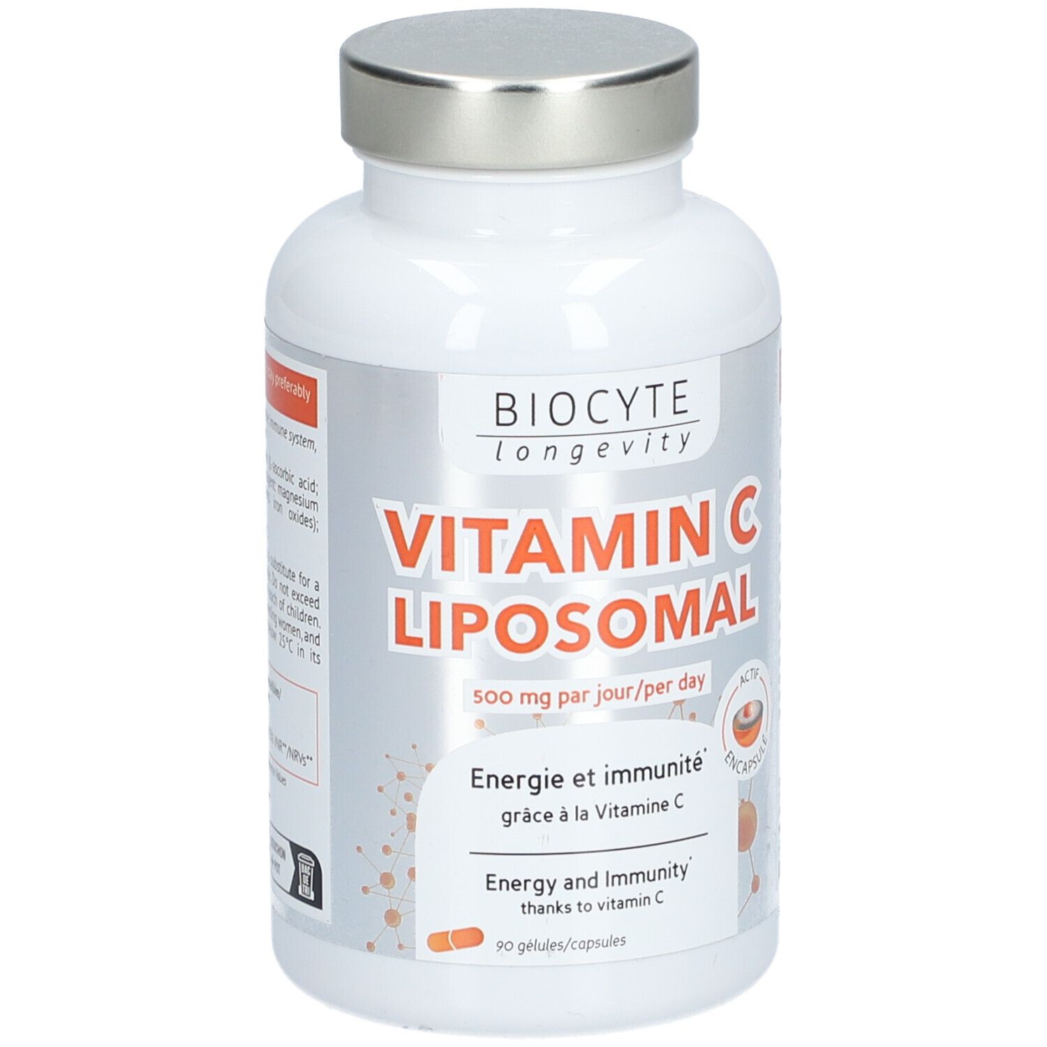 Flacon blanc BIOCYTE Vitamin C Liposomal. Inscription: 500 mg par jour. 90 gélules. Bouchon argenté.