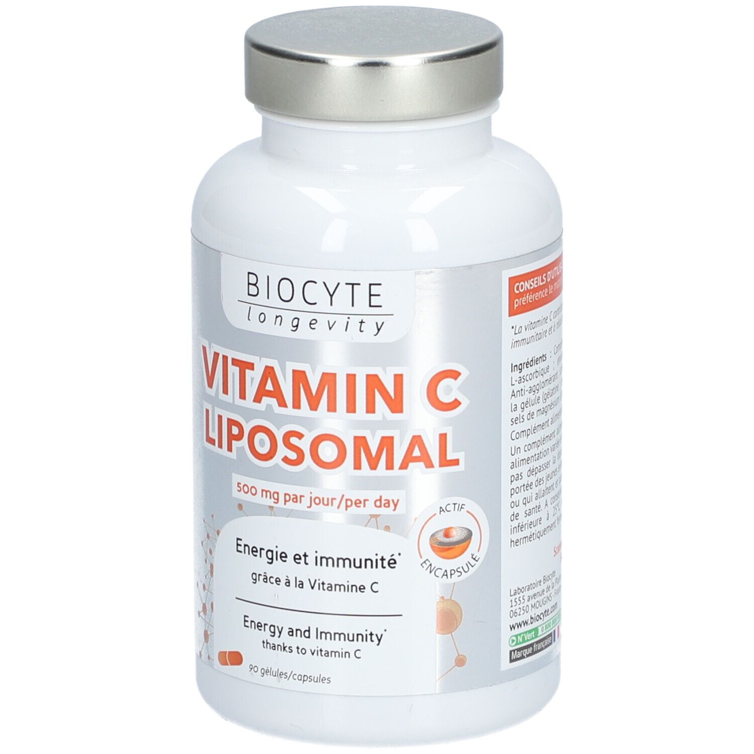 Flacon blanc BIOCYTE Vitamin C Liposomal. Inscription: 500 mg par jour. 90 gélules. Bouchon argenté.