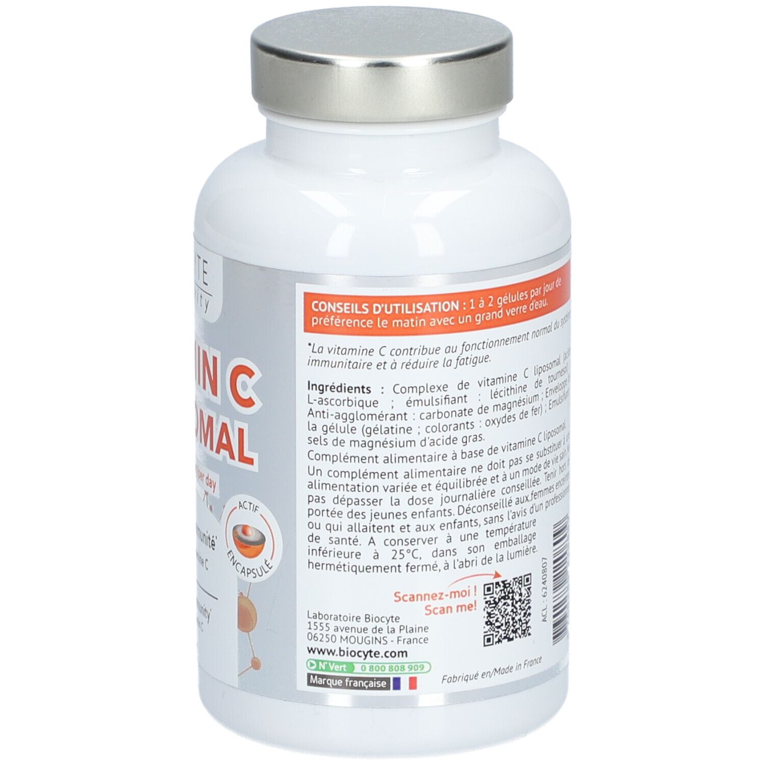 Dos du flacon blanc BIOCYTE Vitamin C Liposomal. Texte sur ingrédients et utilisation. Bouchon argenté.