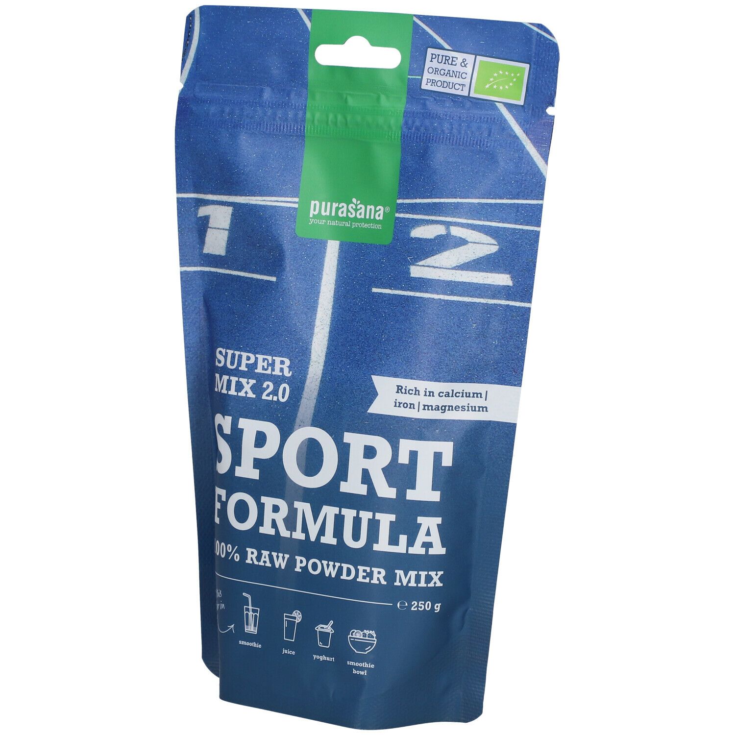 Sachet bleu purasana® Sport Mix 2.0. Inscription Sport Formula, 100% Raw Powder Mix. Label bio. Contient calcium, fer, magnésium.
