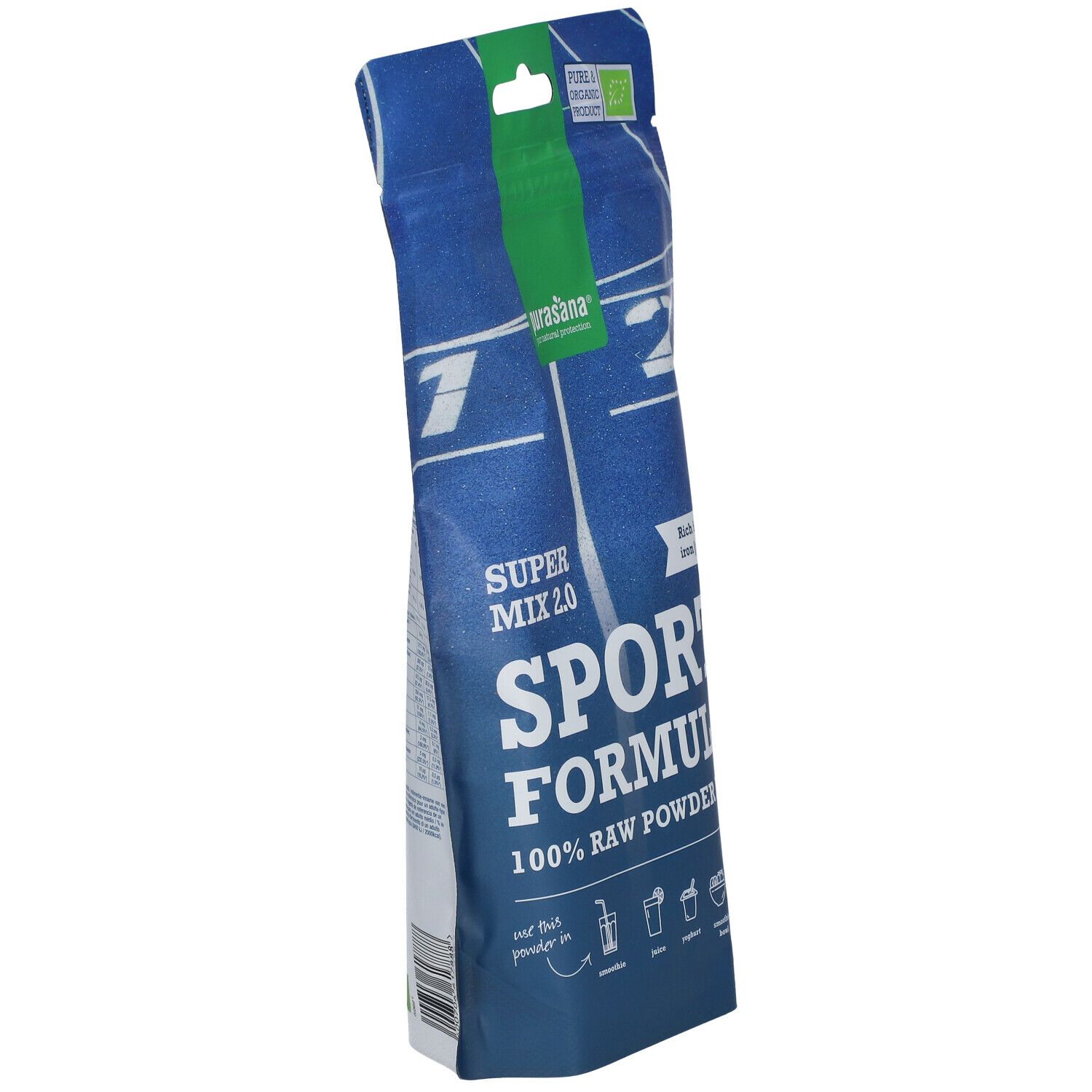 Sachet bleu purasana® Sport Mix 2.0. Inscription Sport Formula, 100% Raw Powder Mix. Label bio. Contient calcium, fer, magnésium.