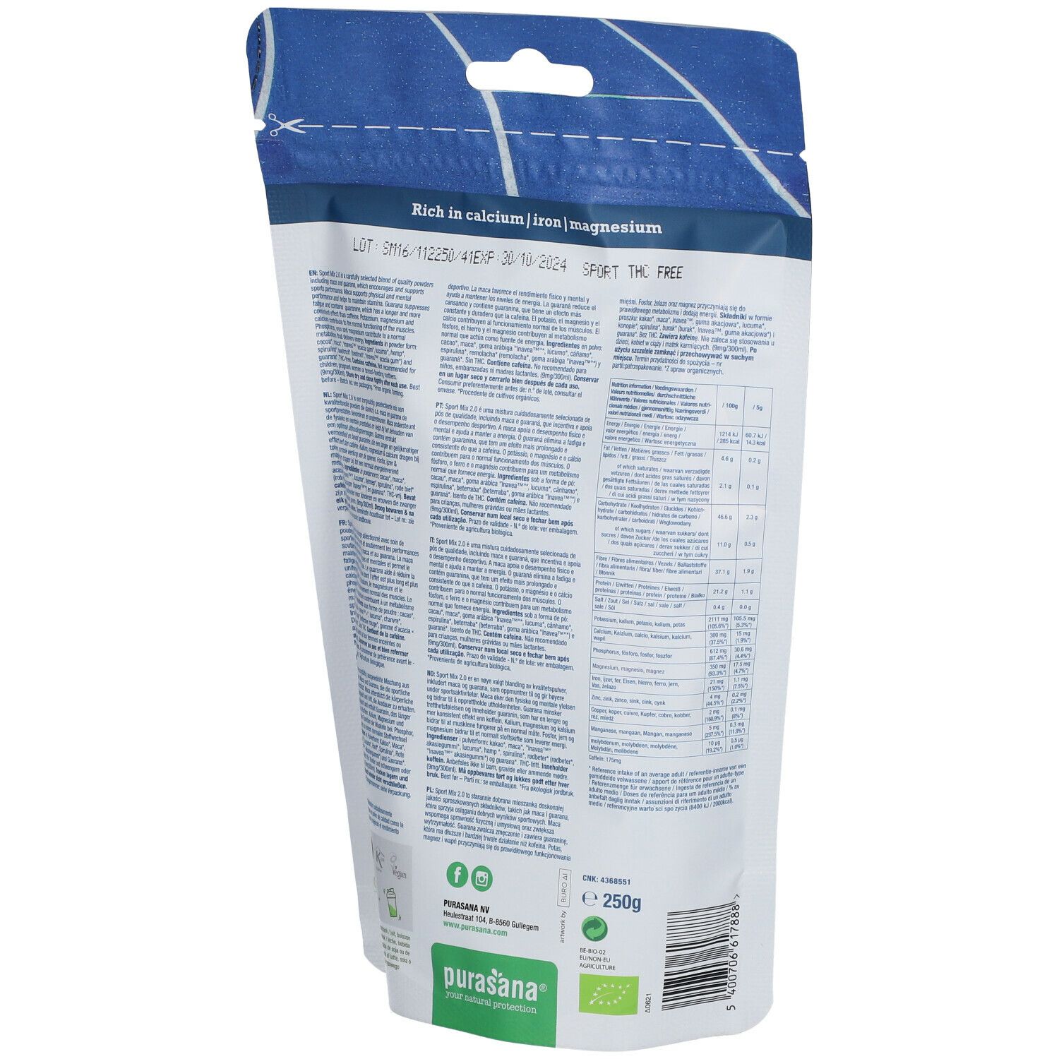 Dos du sachet bleu purasana® Sport Mix 2.0. Contient informations et valeurs nutritionnelles. Label bio. Poids : 250g.