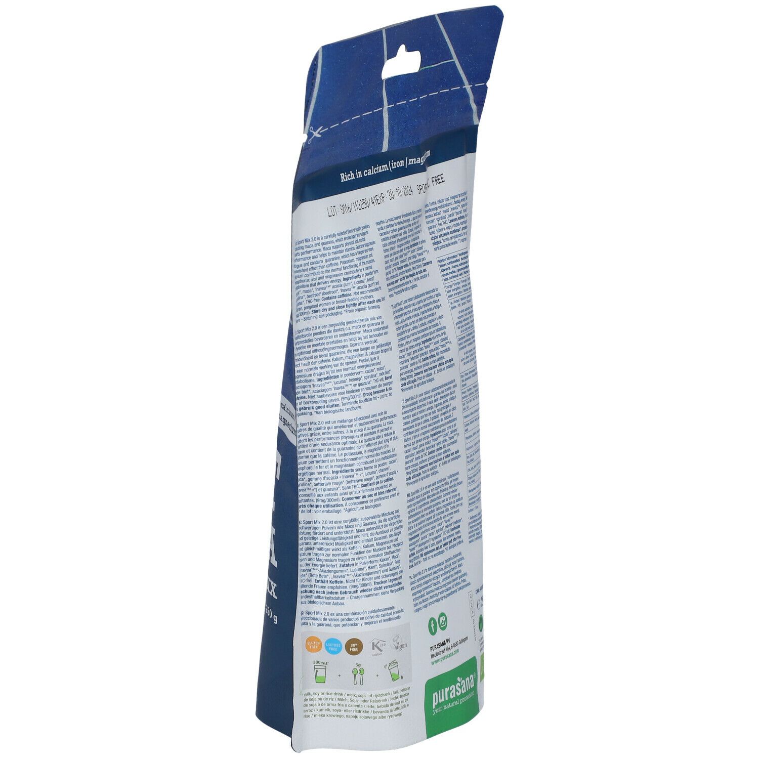 Côté du sachet bleu purasana® Sport Mix 2.0. Contient informations et valeurs nutritionnelles. Label bio. Poids : 250g.