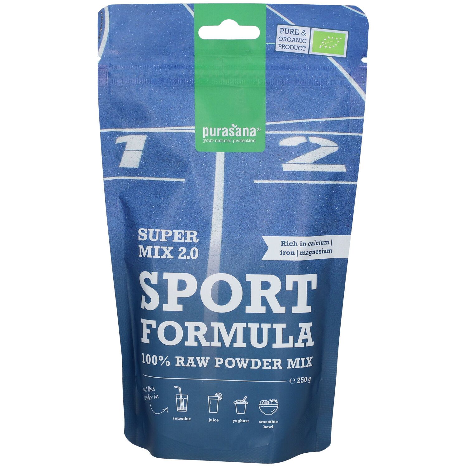 Sachet bleu purasana® Sport Mix 2.0. Inscription Sport Formula, 100% Raw Powder Mix. Label bio. Contient calcium, fer, magnésium.