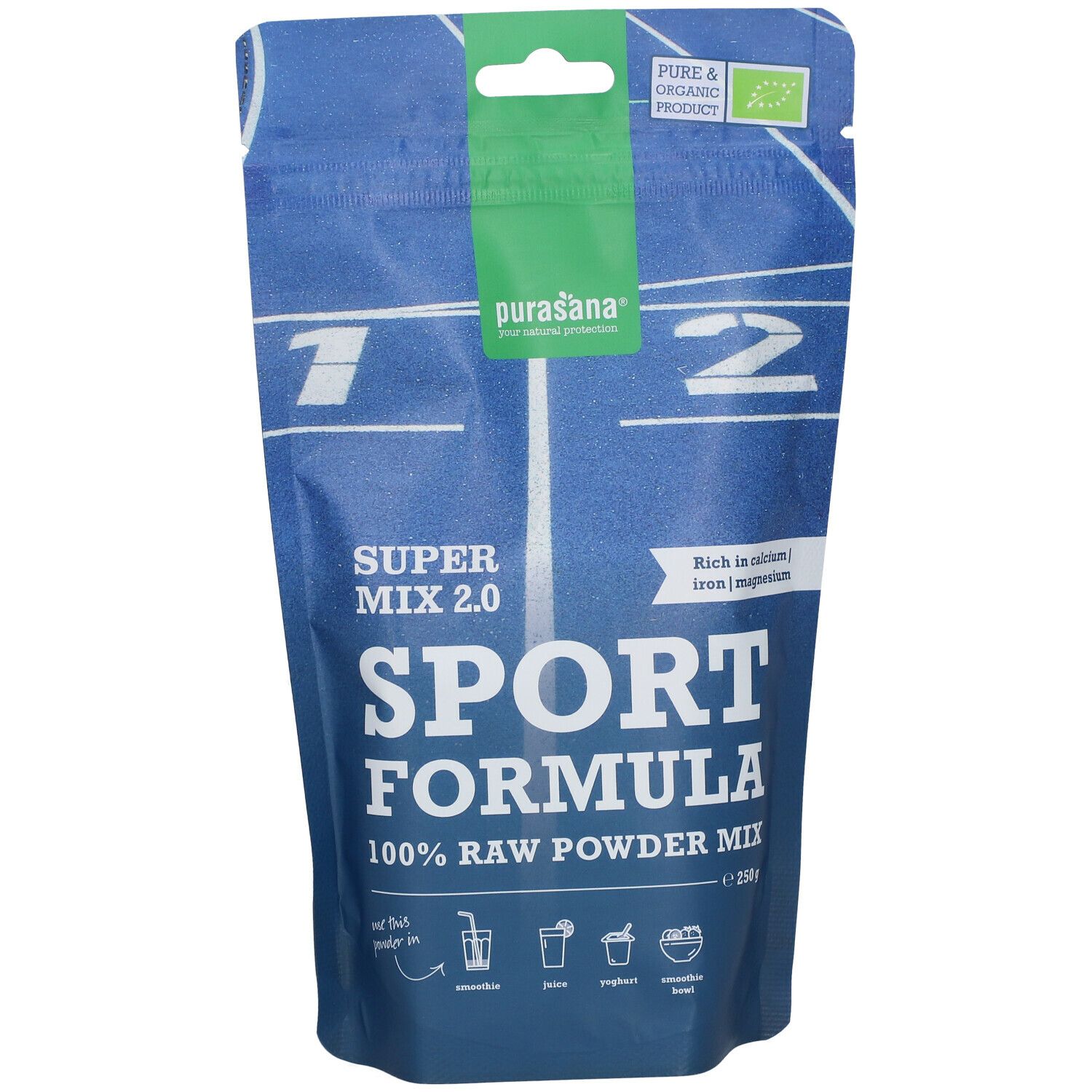 Sachet bleu purasana® Sport Mix 2.0. Inscription Sport Formula, 100% Raw Powder Mix. Label bio. Contient calcium, fer, magnésium.