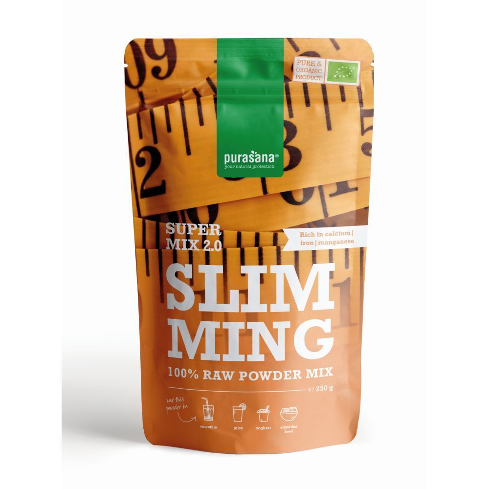 Sachet Purasana Slimming Mix 2.0, marron-blanc, texte et logo. Label bio. Vue de face.