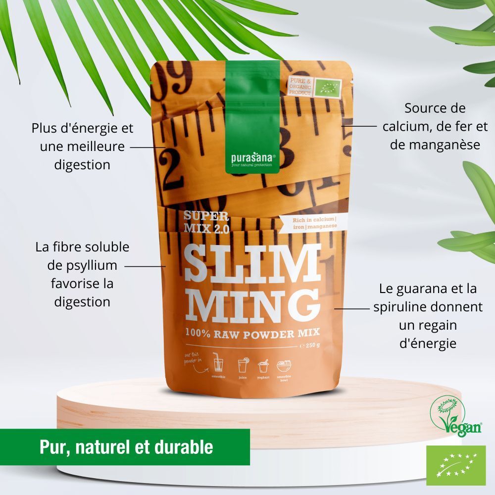 Sachet Purasana Slimming Mix 2.0 avec texte et logo. Inscriptions : énergie, digestion, spiruline.