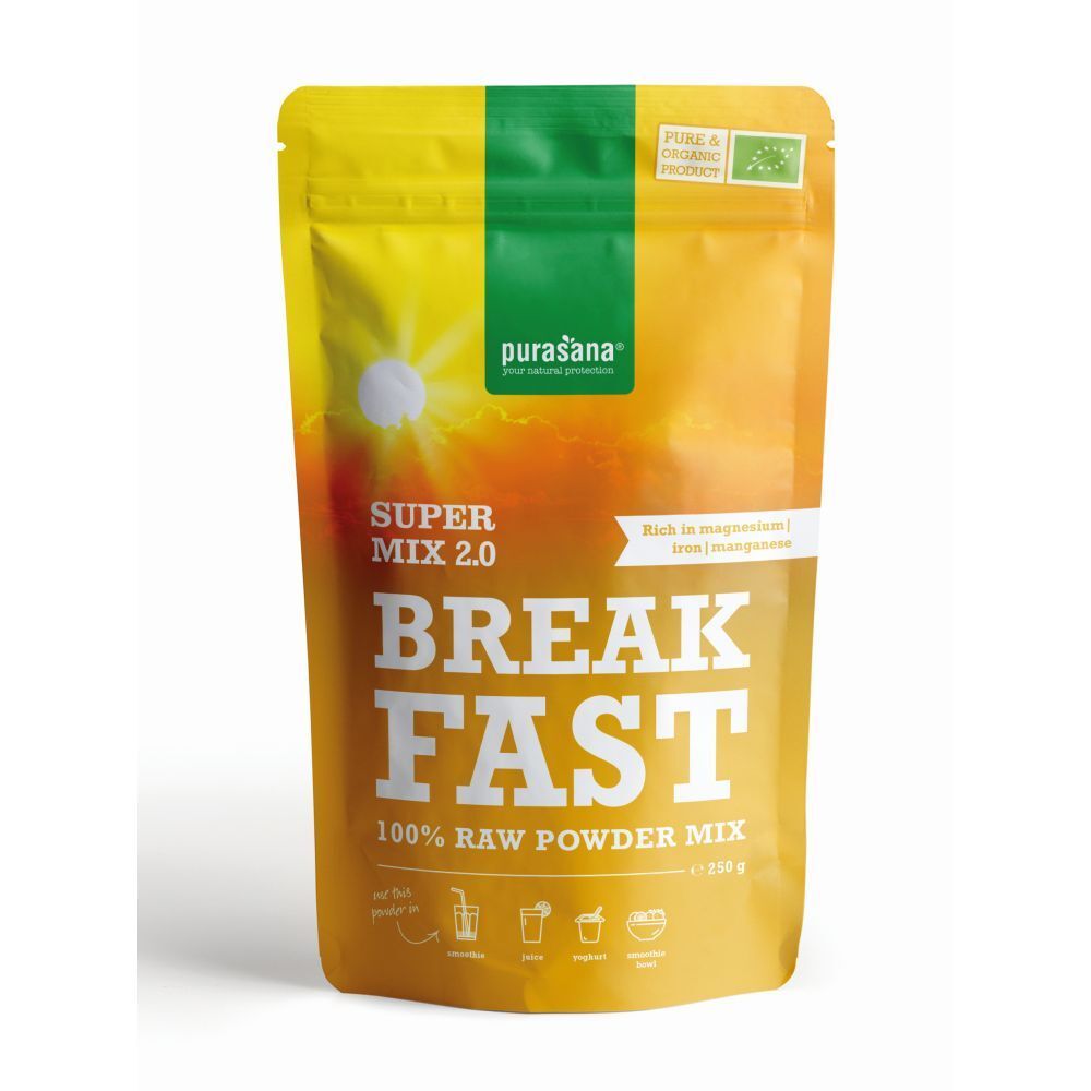 Gele verpakking "Purasana Breakfast Mix 2.0". Tekst: "Super Mix 2.0 Breakfast 100% Raw Powder Mix". Bio-label.