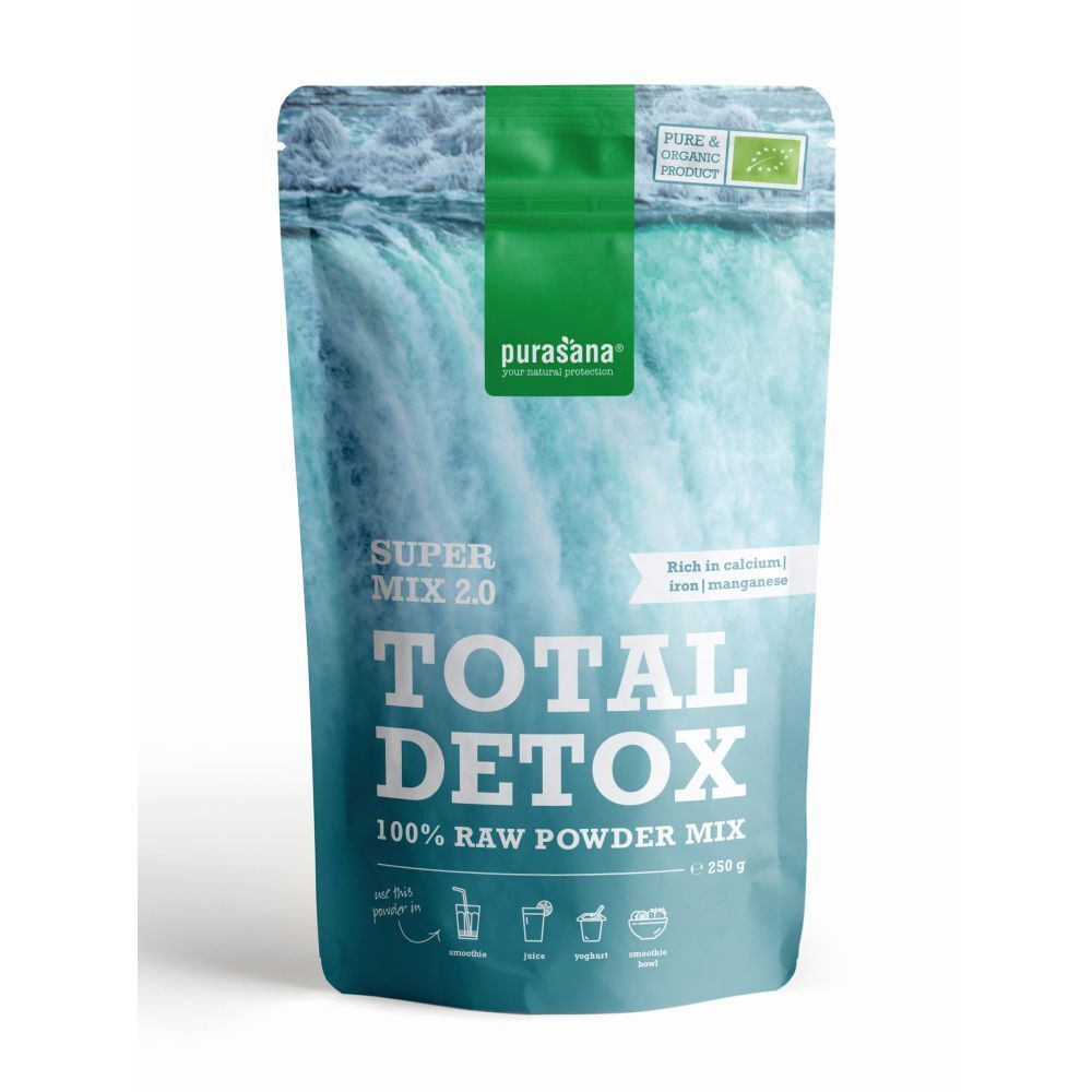 Sachet Purasana Total Detox Bio Mix 2.0. Face avant avec nom du produit, informations et label bio. Fond : motif cascade.