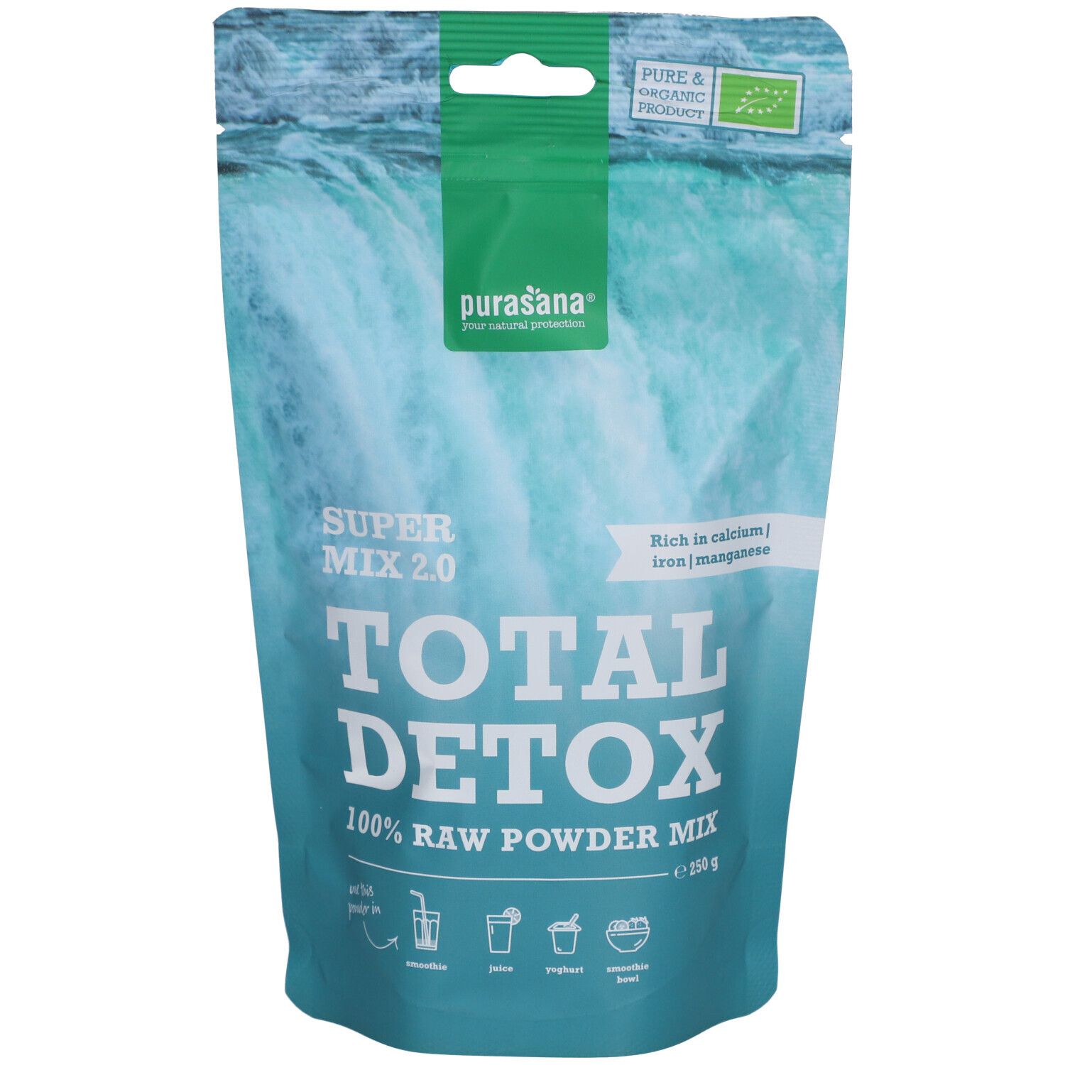 Sachet de Purasana Total Detox Bio Mix 2.0. Face avant avec nom du produit, informations et label bio. Fond : motif cascade.