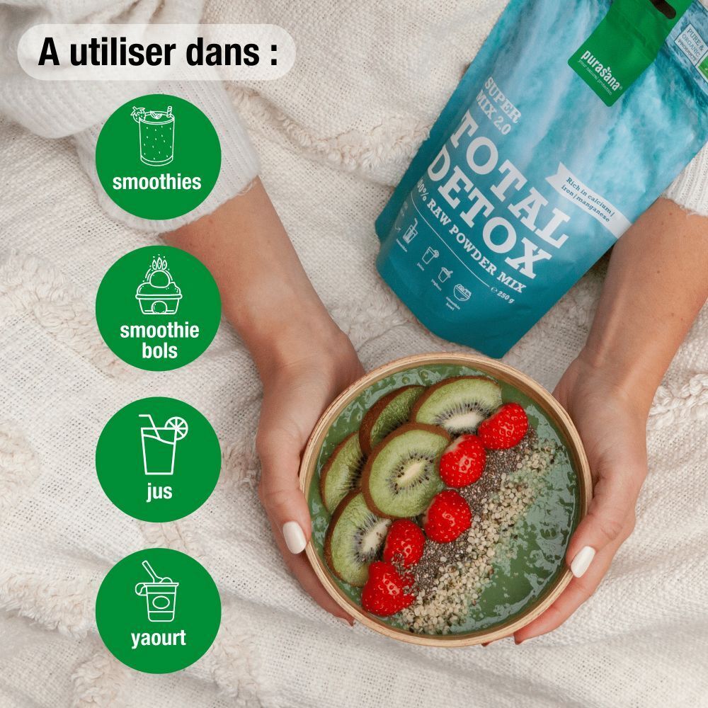 Mains tenant un bol avec des ingrédients de smoothie et Purasana Total Detox Bio Mix 2.0. Illustrations montrant la préparation de smoothies.