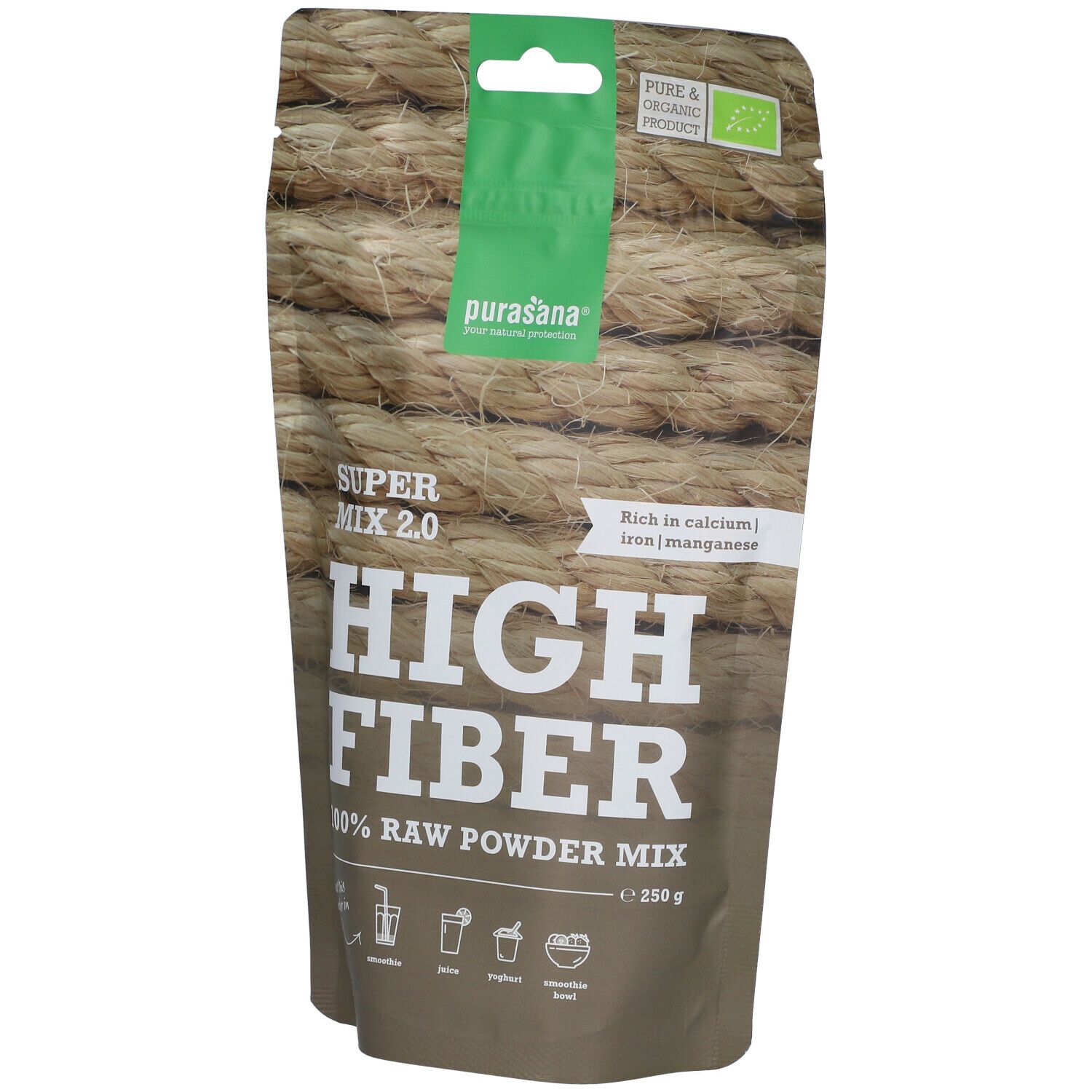 Sachet de purasana® High Fiber. Inscription : High Fiber, Super Mix 2.0, 100% Raw Powder Mix. Avec label bio.