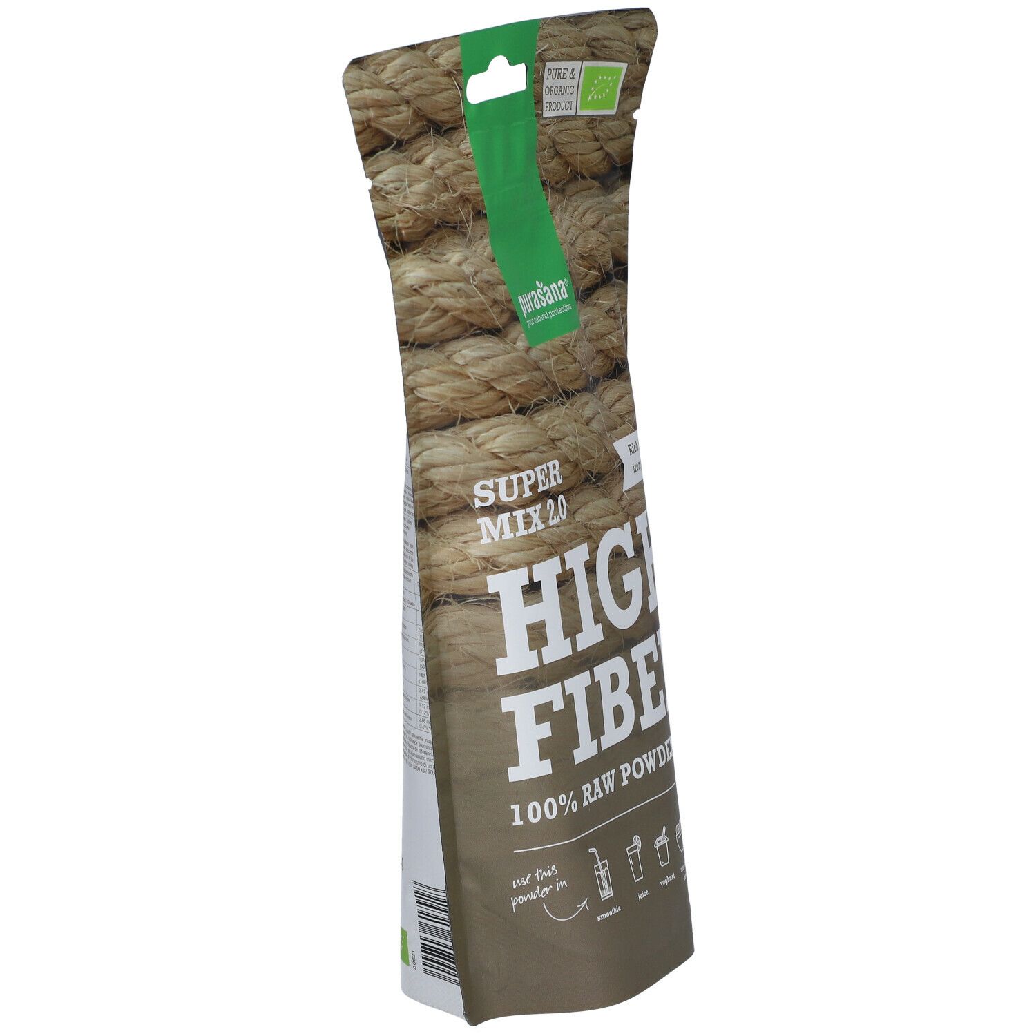 Sachet de purasana® High Fiber en biais. Inscription : High Fiber, Super Mix 2.0, 100% Raw Powder Mix. Avec label bio.