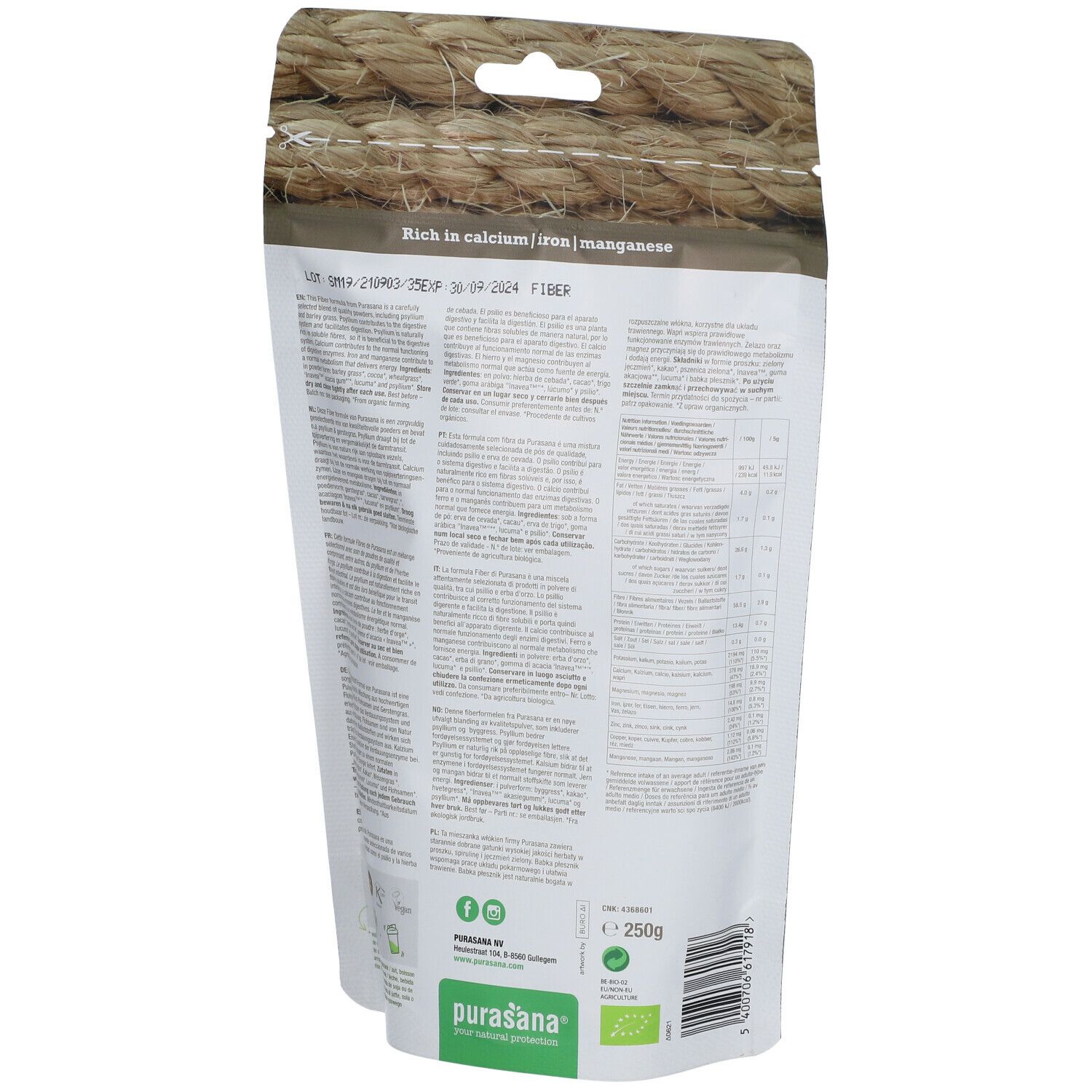 Dos du paquet purasana® High Fiber. Texte avec informations nutritionnelles, ingrédients, informations fabricant et label bio.