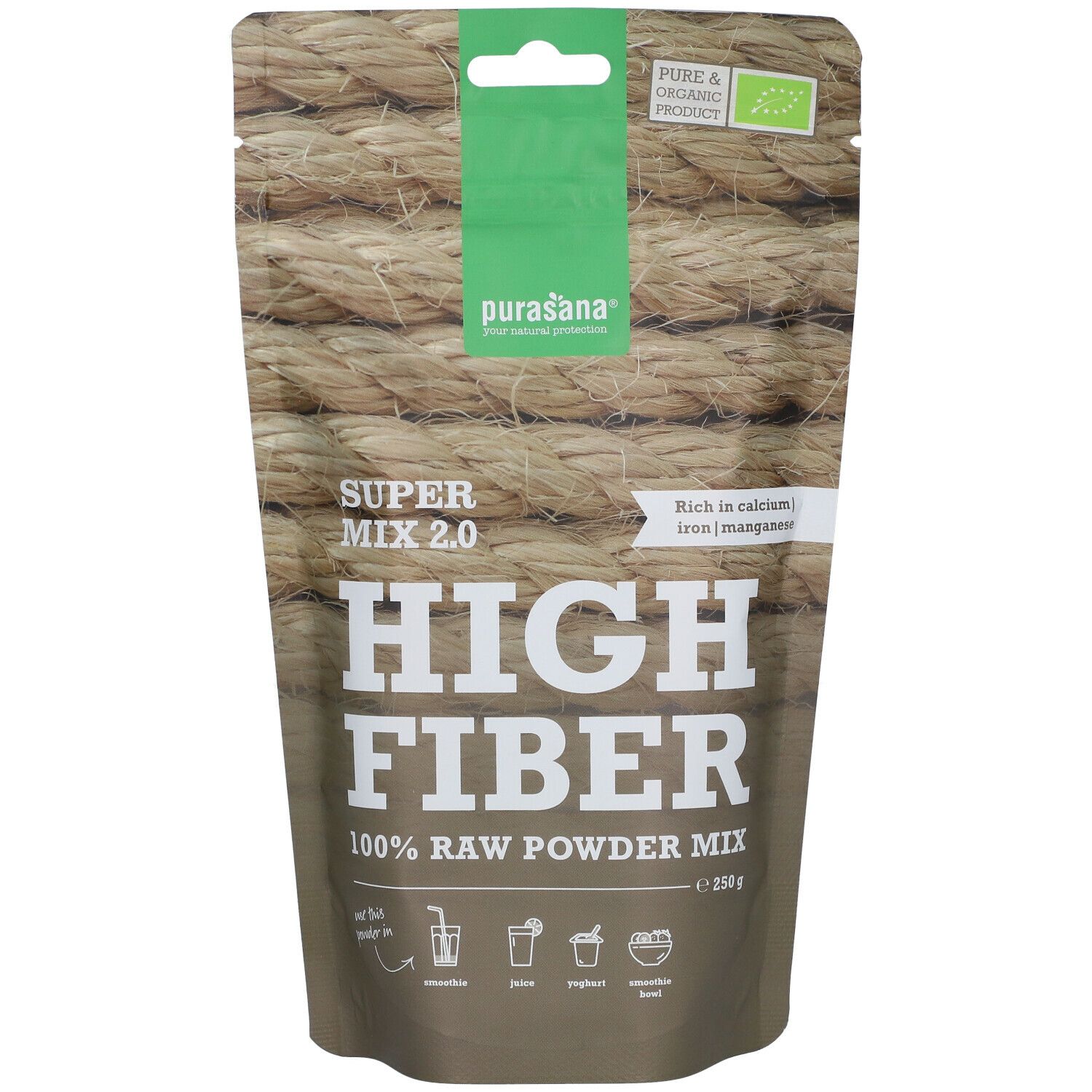 Sachet de purasana® High Fiber. Inscription : High Fiber, Super Mix 2.0, 100% Raw Powder Mix. Avec label bio.