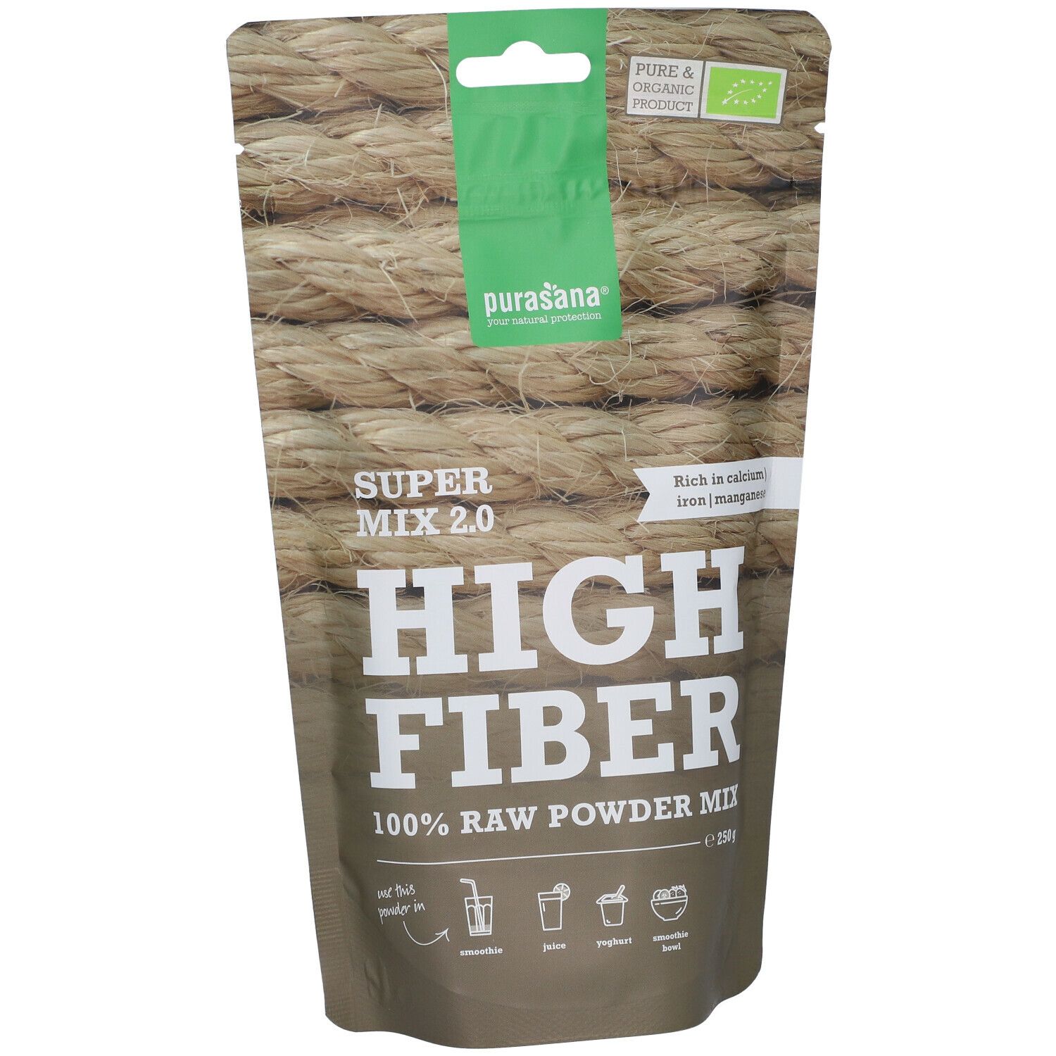 Sachet de purasana® High Fiber. Inscription : High Fiber, Super Mix 2.0, 100% Raw Powder Mix. Avec label bio.