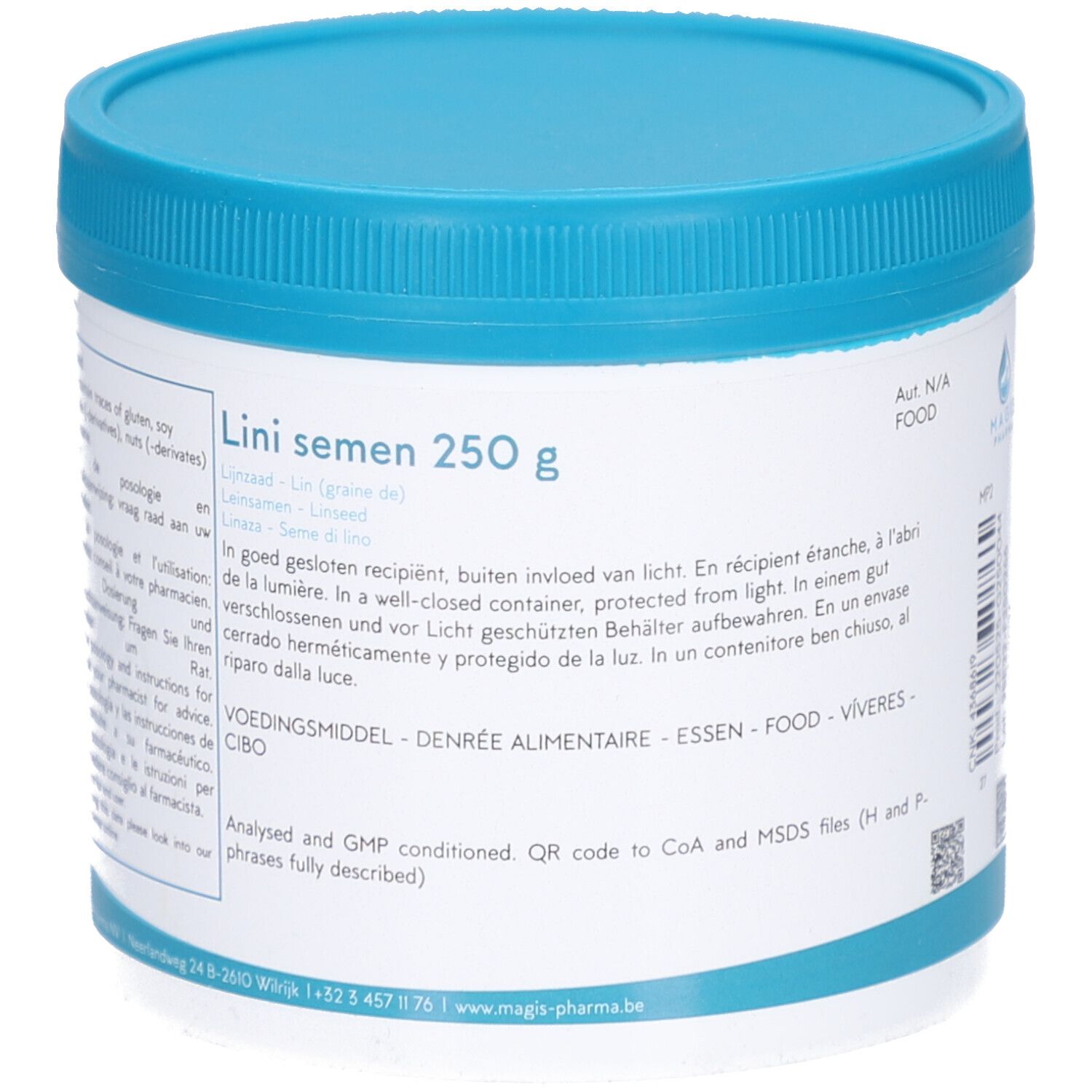 Weißer Behälter mit blauem Deckel. Aufschrift: Lini semen 250 g. Text in mehreren Sprachen. Herstellerlogo.