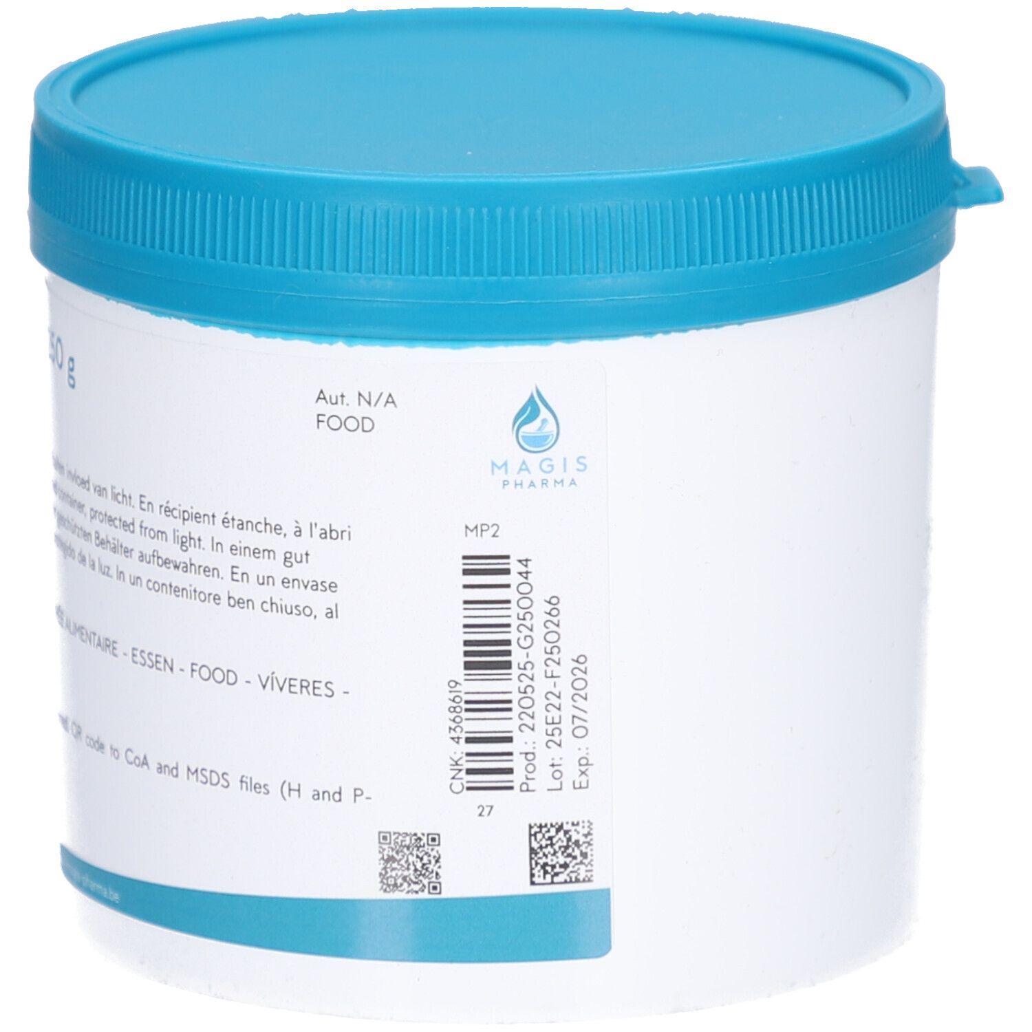 Weißer Behälter mit blauem Deckel. Aufschrift: Lini semen 250 g. Barcode und Herstellerinformationen.