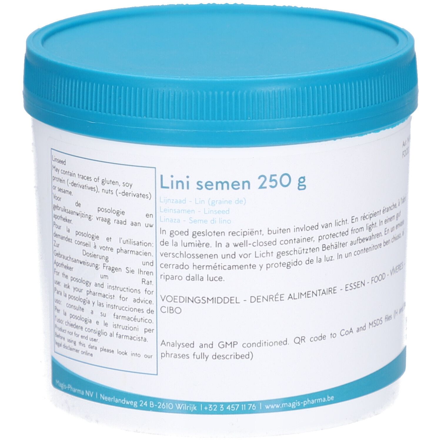 Weißer Behälter mit blauem Deckel. Aufschrift: Lini semen 250 g. Text in mehreren Sprachen. Herstellerlogo.