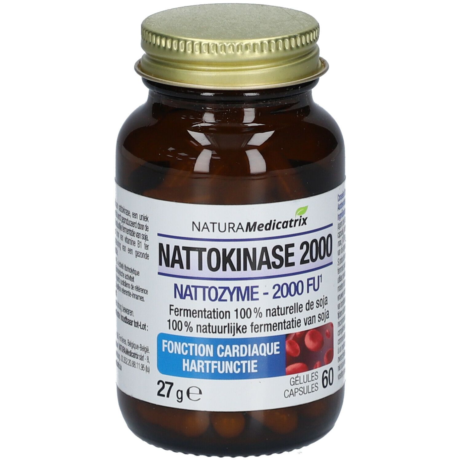 Flacon en verre brun avec couvercle doré. Étiquette avec nom et informations sur le produit. 60 gélules.